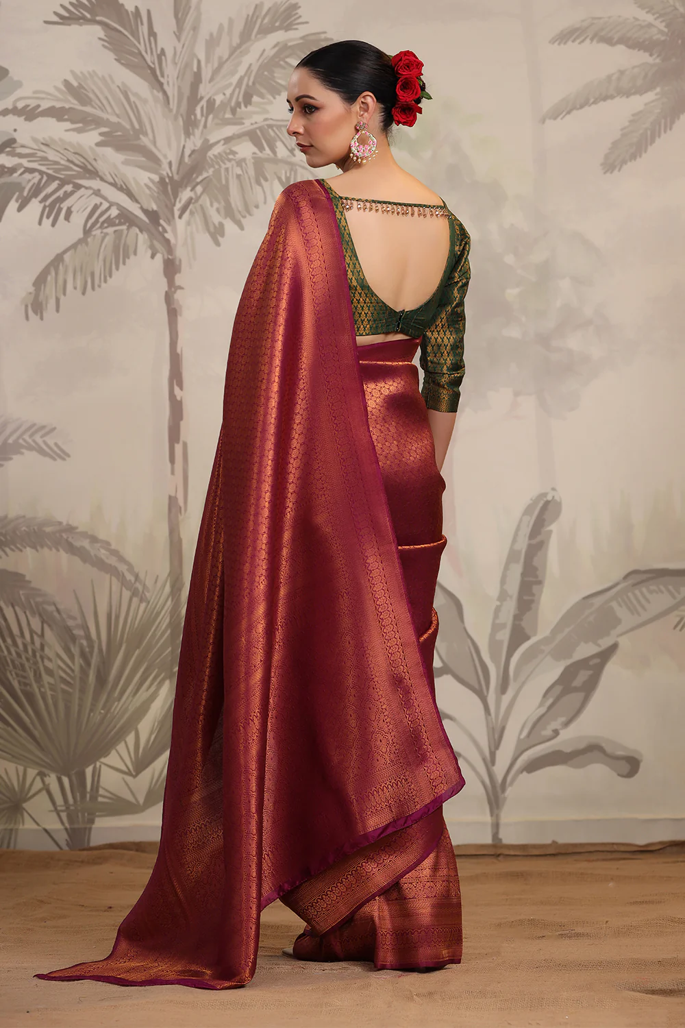 Dark Scarlet Color Woven Silk Saree - Image 2