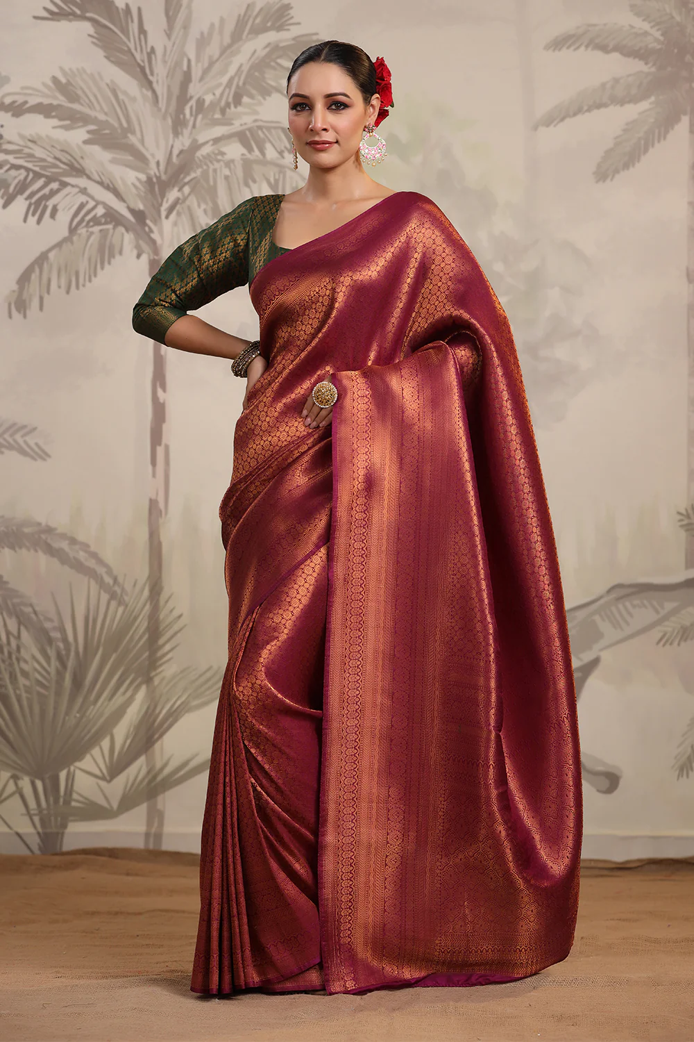 Dark Scarlet Color Woven Silk Saree - Image 3