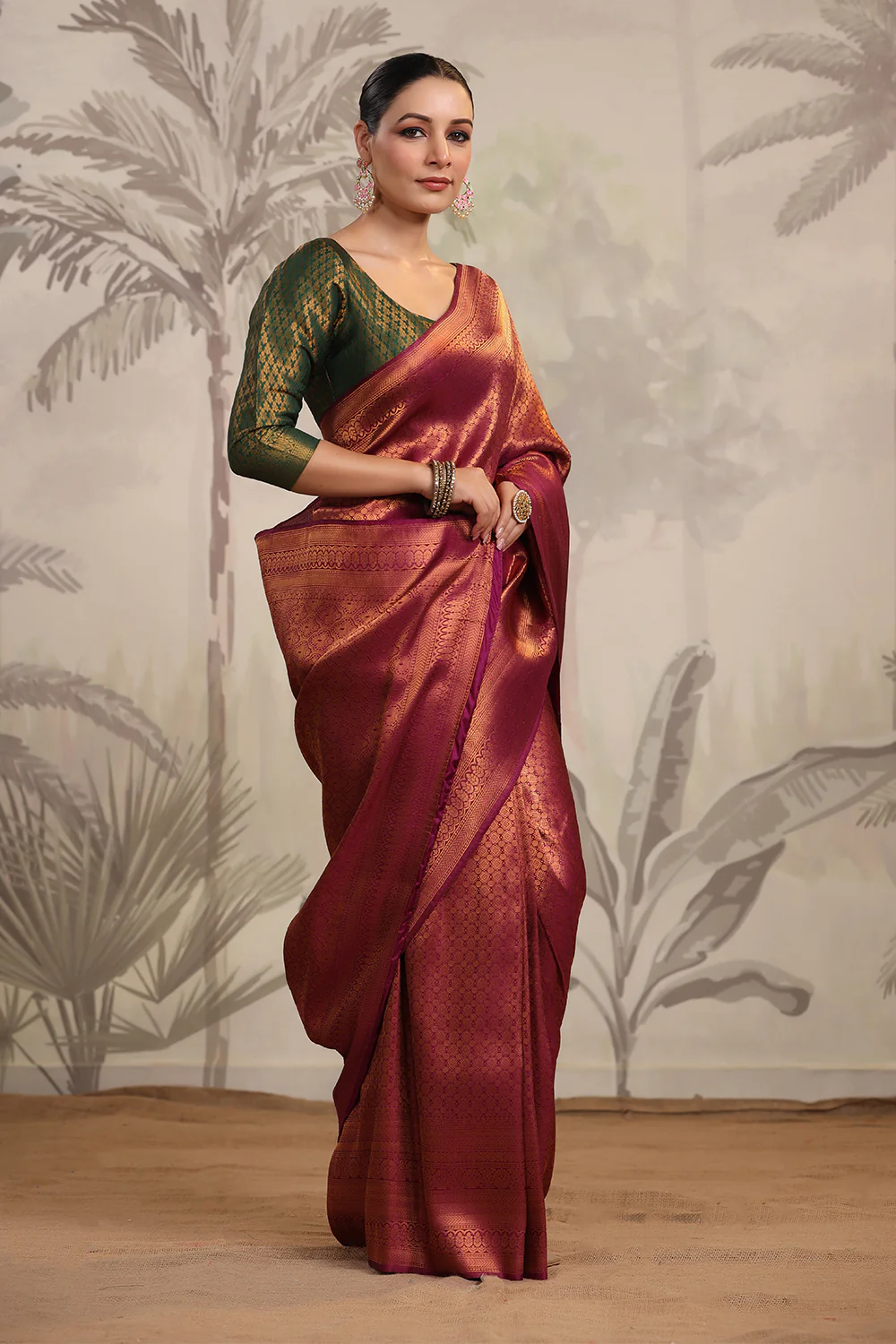 Dark Scarlet Color Woven Silk Saree - Image 4