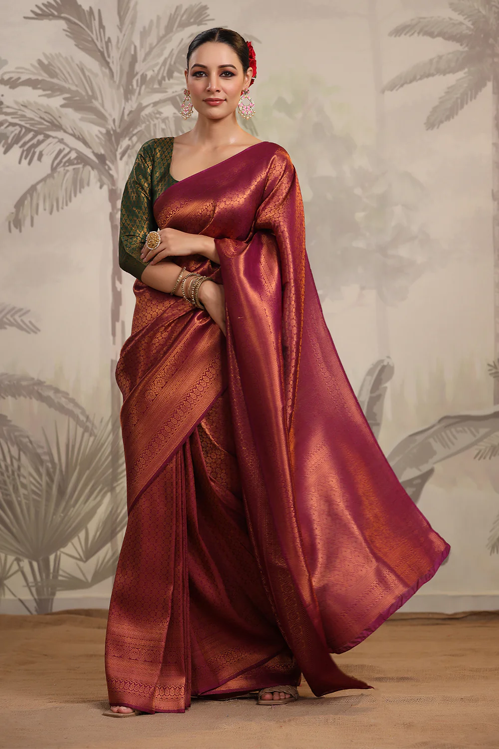 Dark Scarlet Color Woven Silk Saree - Image 5