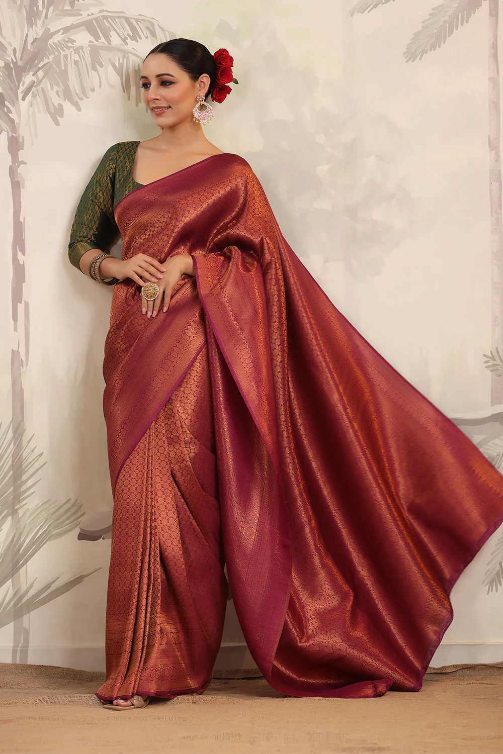 Dark Scarlet Color Woven Silk Saree - Image 7