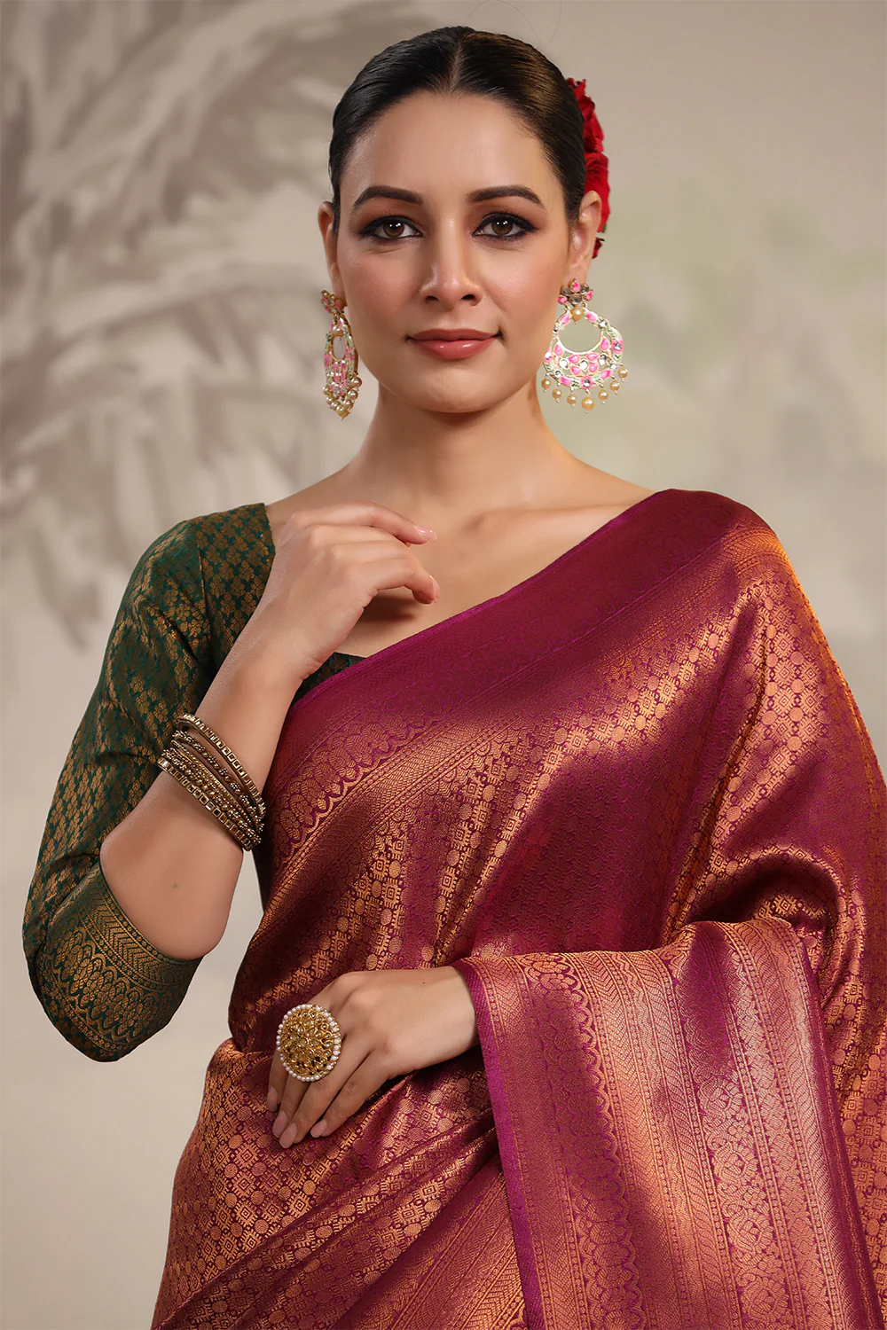 Dark Scarlet Color Woven Silk Saree - Image 8