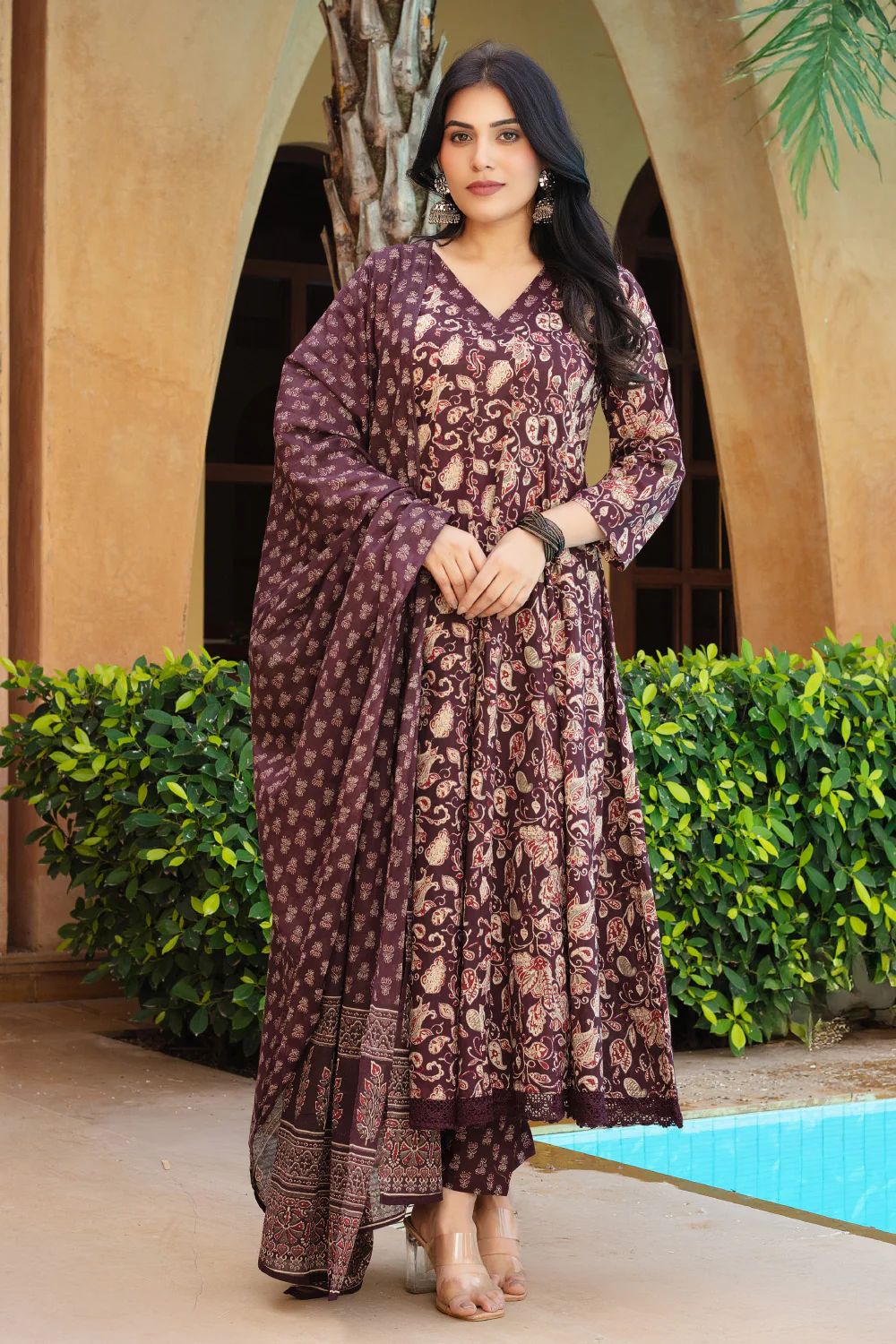 Dark Scarlet Cotton Printed Floor Lenght Anarkali Suit