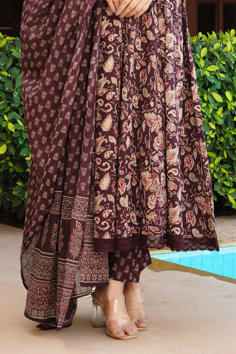 Dark Scarlet Cotton Printed Floor Lenght Anarkali Suit - Image 3