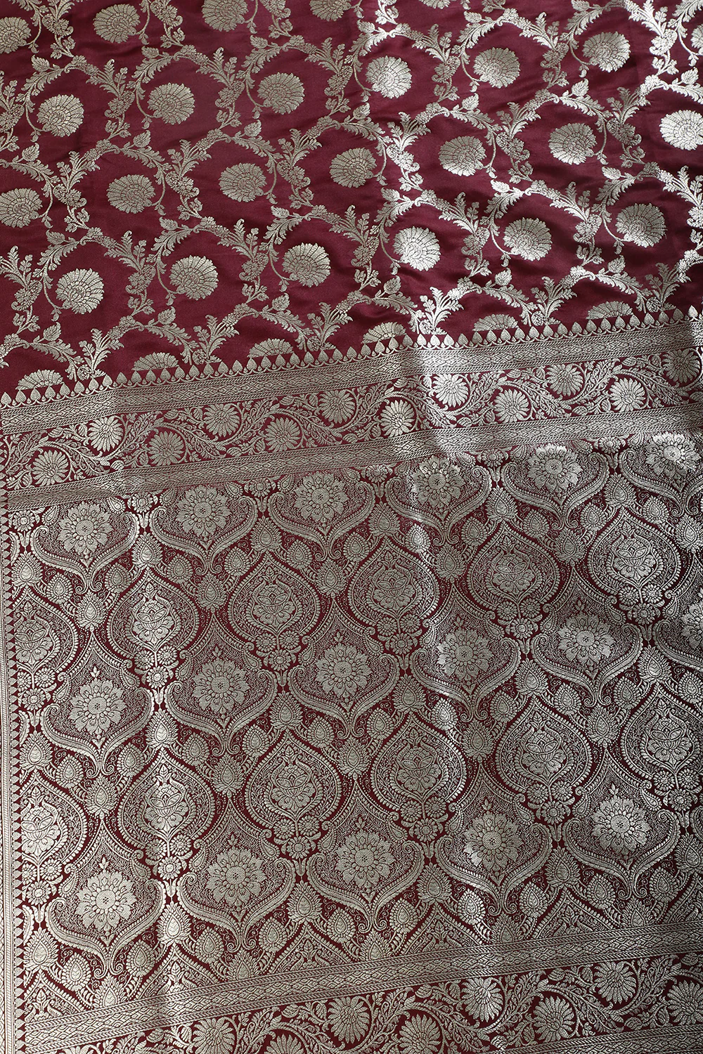Dark Scarlet Zari Woven Banarasi Silk Saree - Image 2