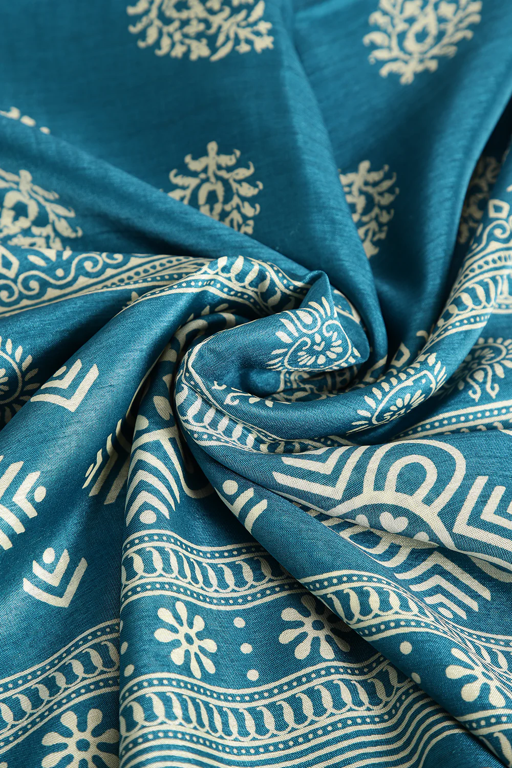 Dark Teal Color Block Printed Cotton Silk Saree - Image 3
