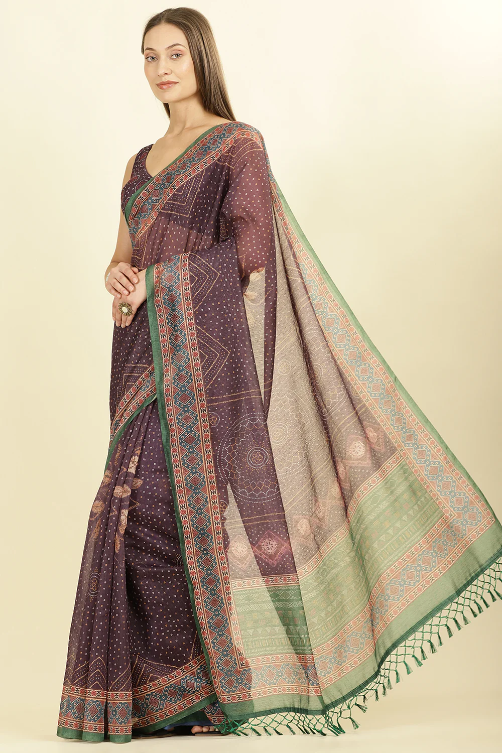 Dirty Purple Organza Cotton Bandhani Block Printed Saree - Image 2
