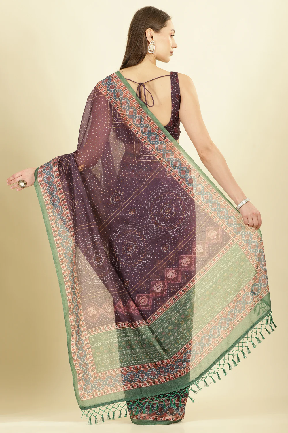 Dirty Purple Organza Cotton Bandhani Block Printed Saree - Image 3