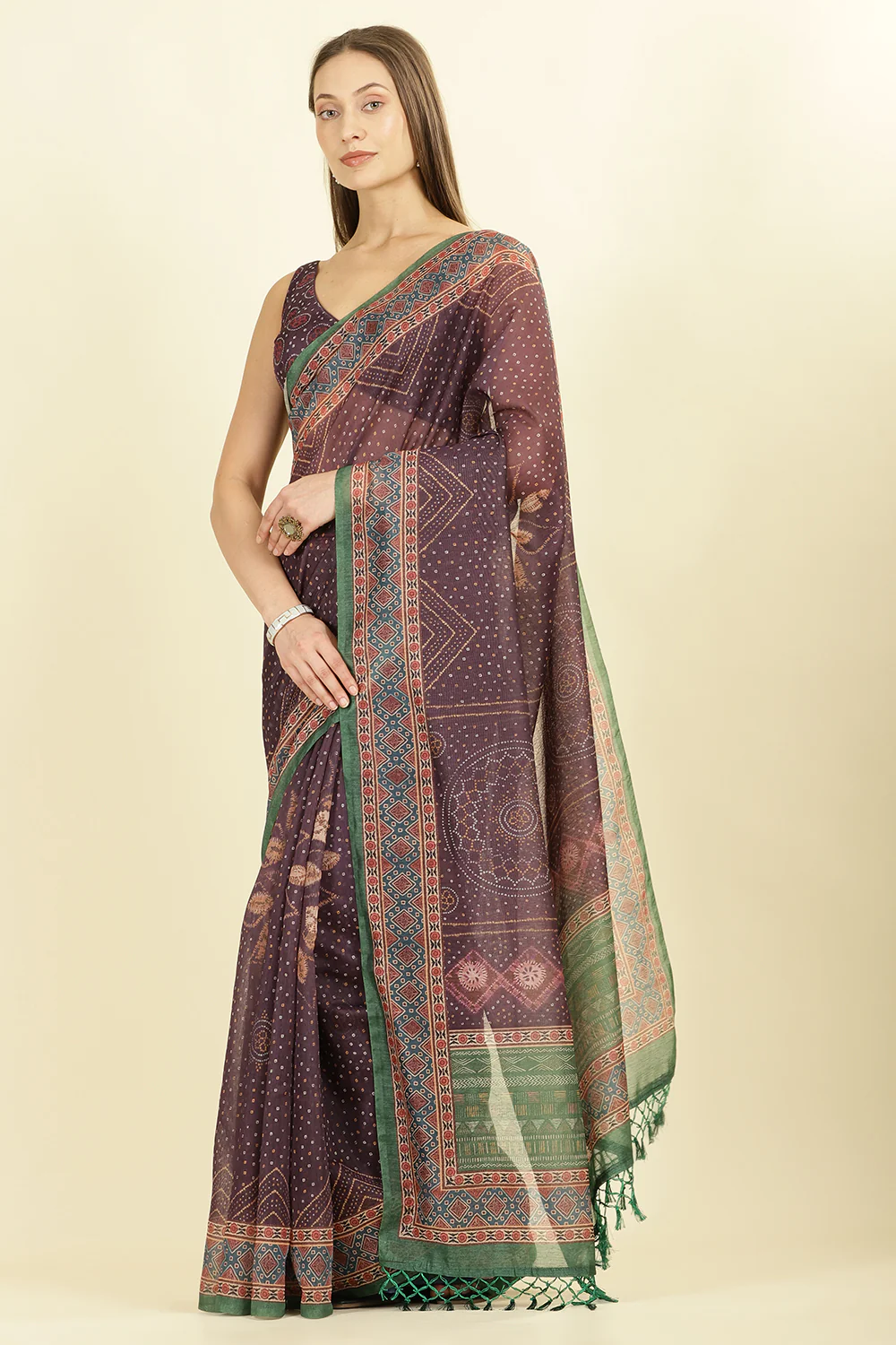 Dirty Purple Organza Cotton Bandhani Block Printed Saree - Image 4