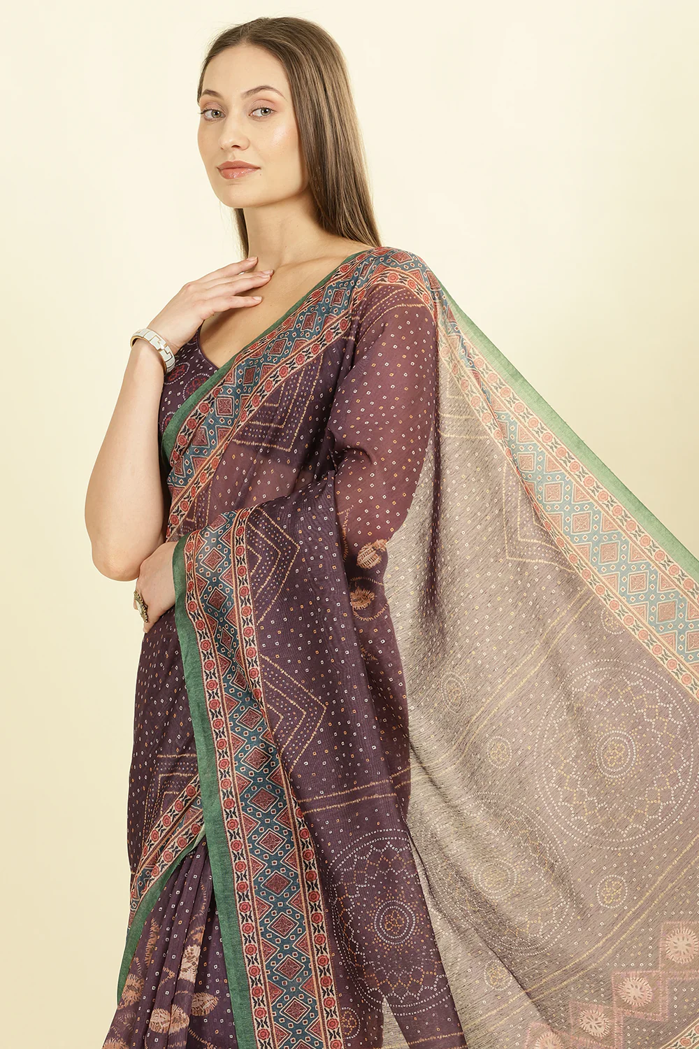 Dirty Purple Organza Cotton Bandhani Block Printed Saree - Image 5