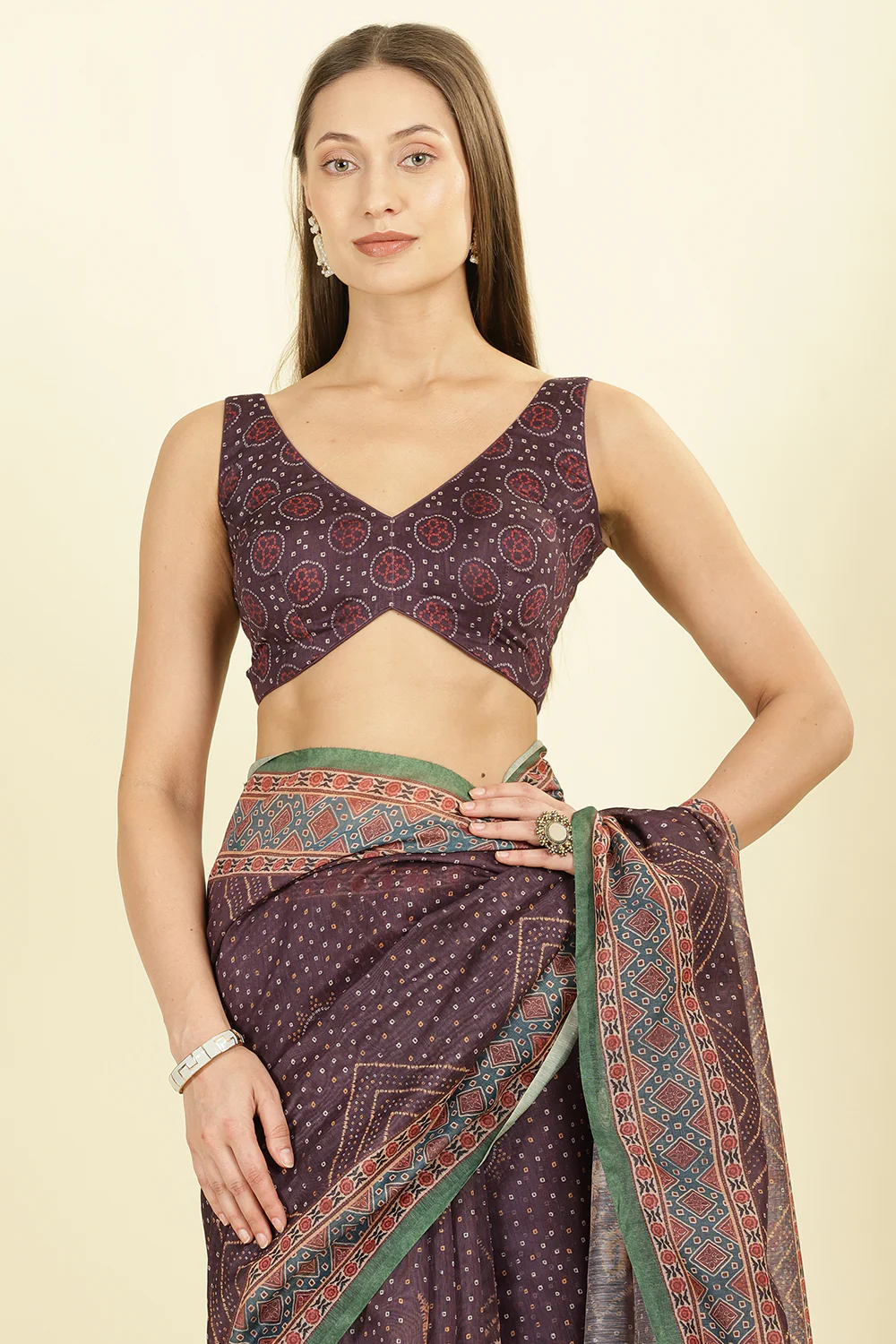 Dirty Purple Organza Cotton Bandhani Block Printed Saree - Image 6