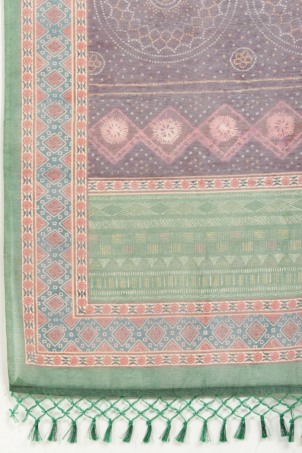 Dirty Purple Organza Cotton Bandhani Block Printed Saree - Image 7