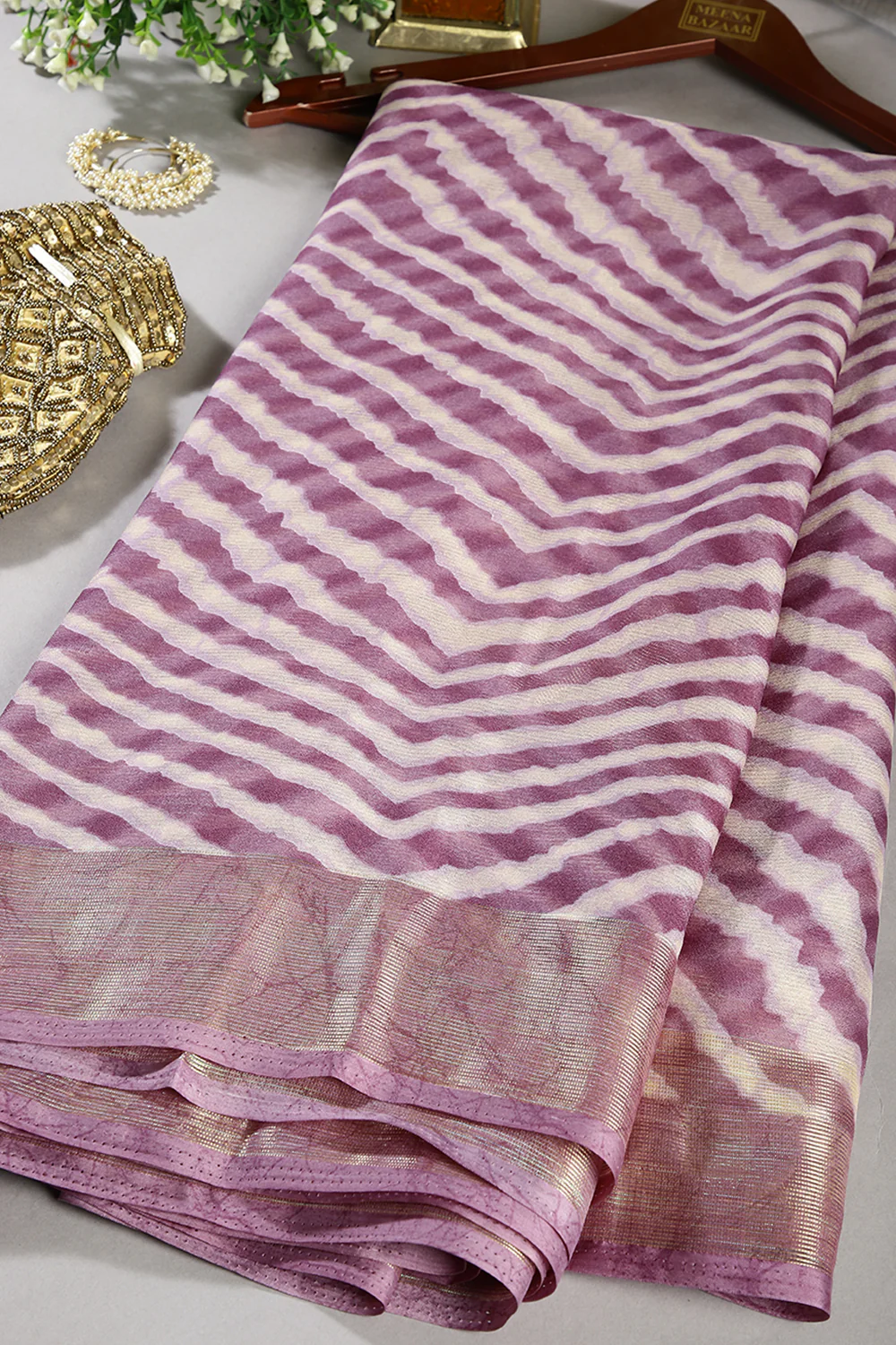 Dusky Purple Color Chiffon Leheriya Printed Saree - Image 3