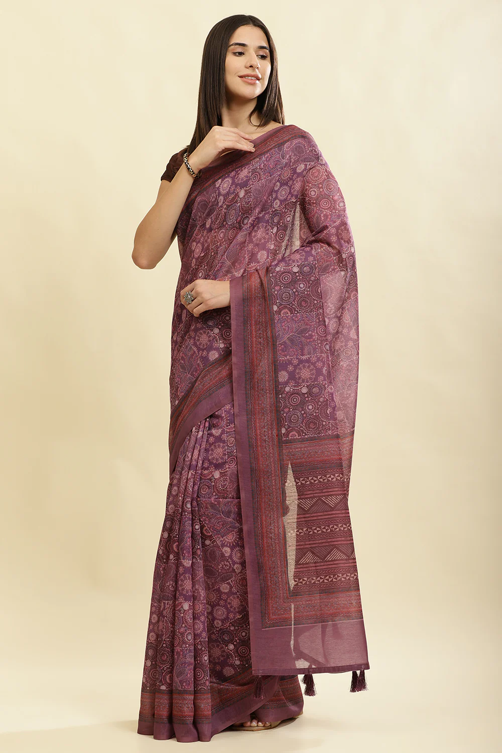 Dusky Purple Cotton Silk Printed Saree - Image 2