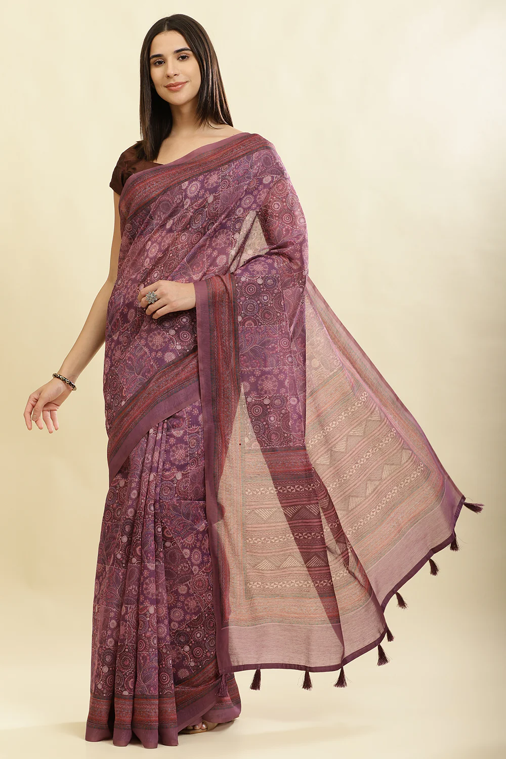 Dusky Purple Cotton Silk Printed Saree - Image 5
