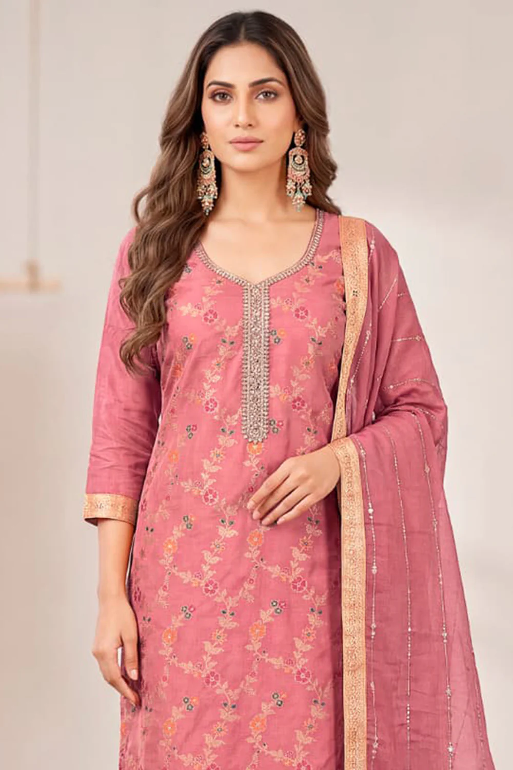 Dusty Peach Silk Resham And Zari Woven Unstitched Suit Fabric - Image 3