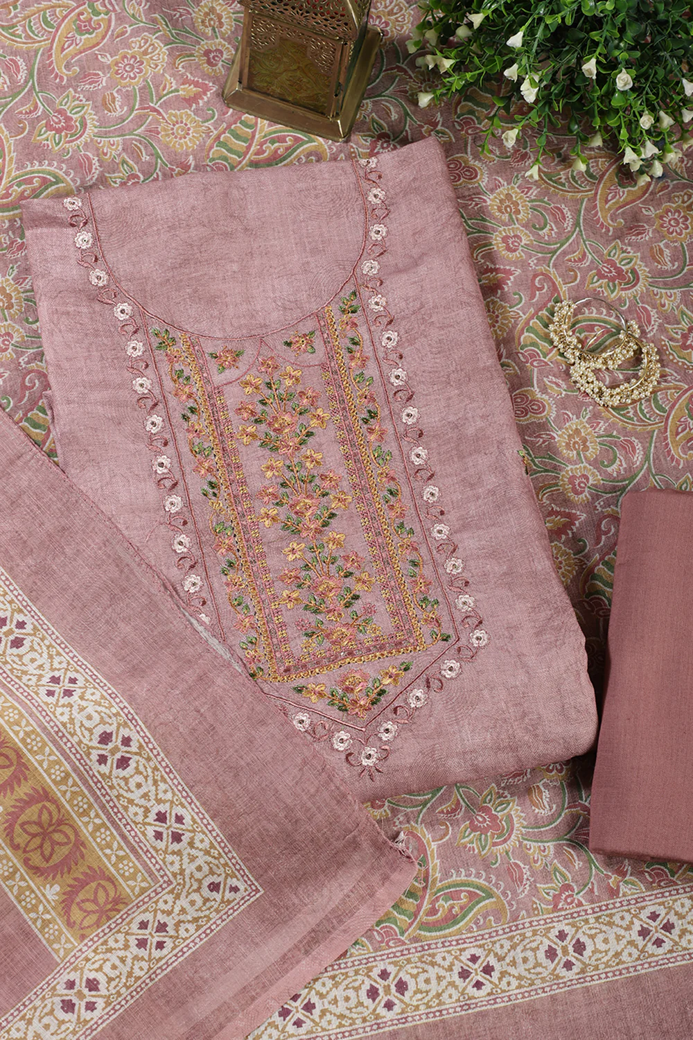 Dusty Pink Cotton Resham Embroidered Unstitched Suit - Image 2