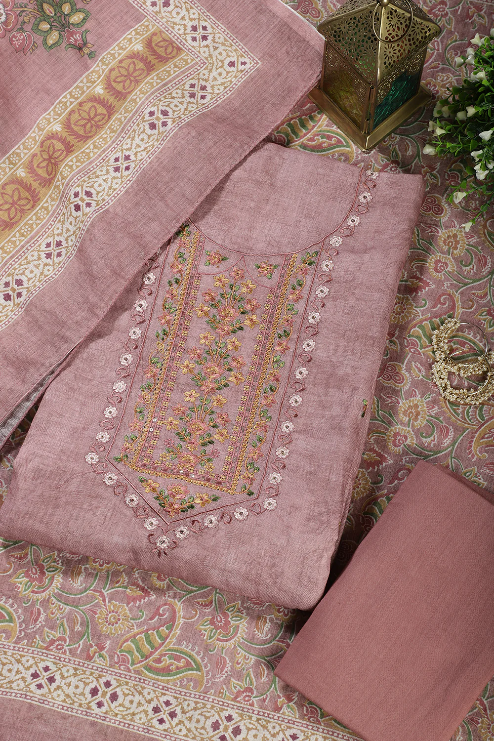 Dusty Pink Cotton Resham Embroidered Unstitched Suit - Image 3