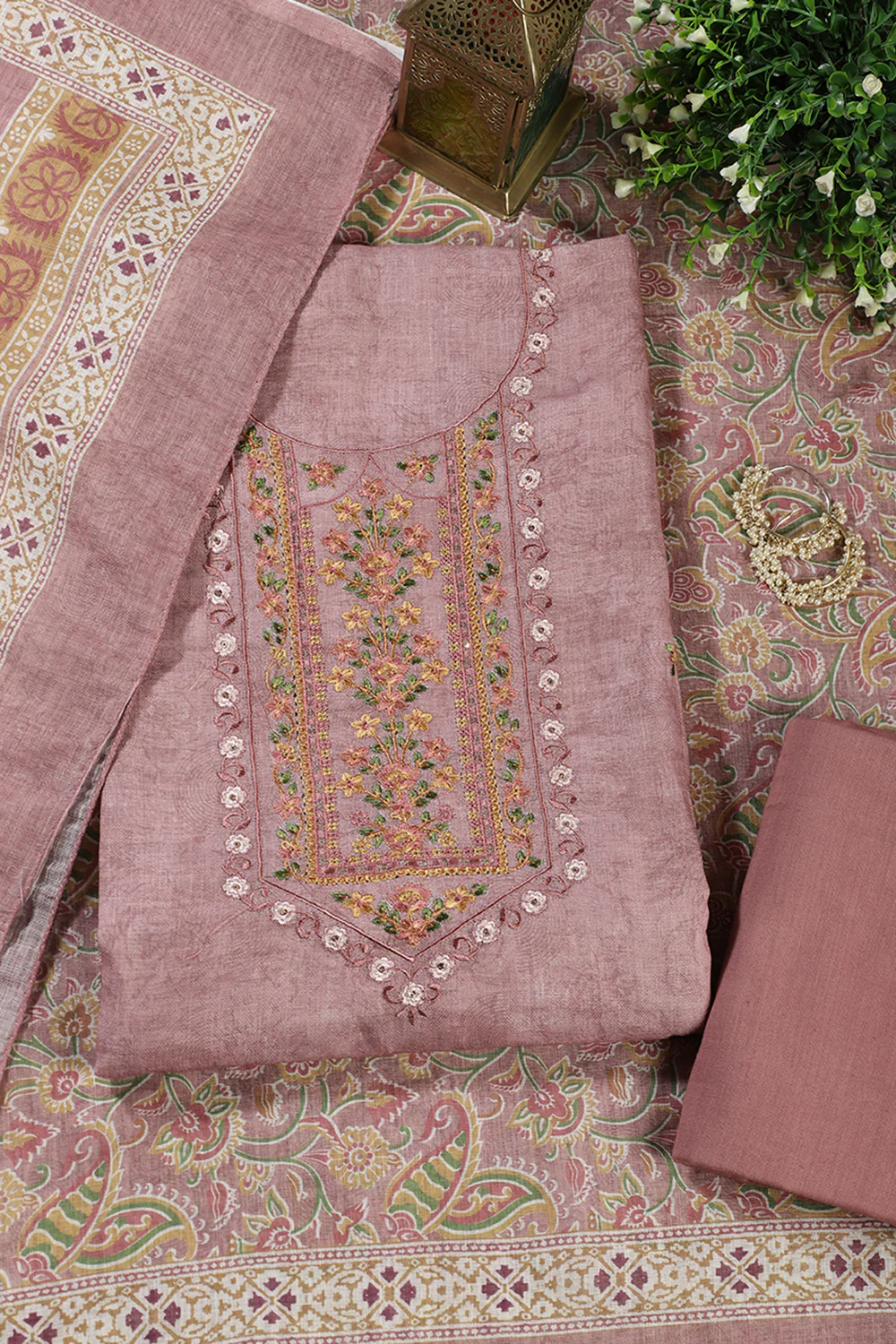 Dusty Pink Cotton Resham Embroidered Unstitched Suit - Image 4