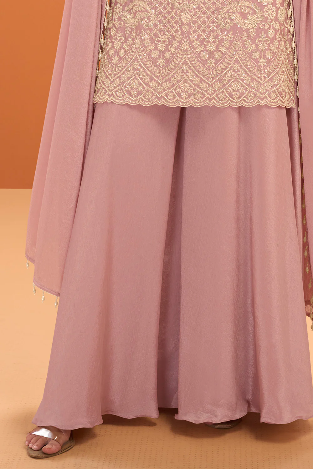 Dusty Pink Silk Cut-Dana And Resham Embroidered Suit With Palazzo - Image 3