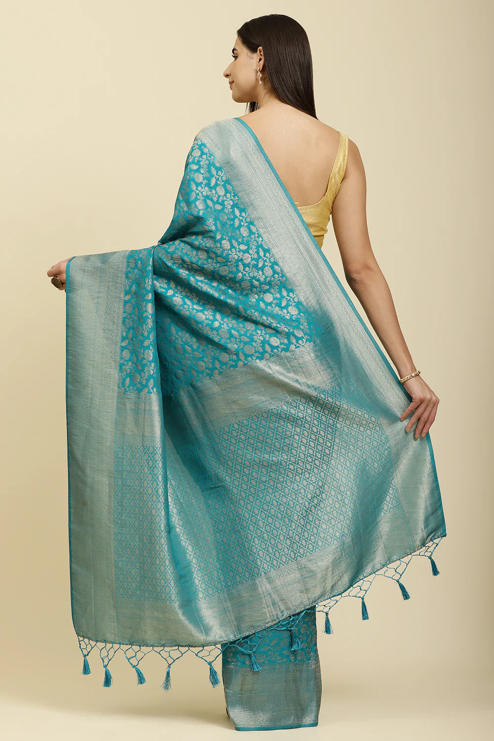 Eastern Blue Lightweight Banarasi Silk Weaving Saree - Image 3