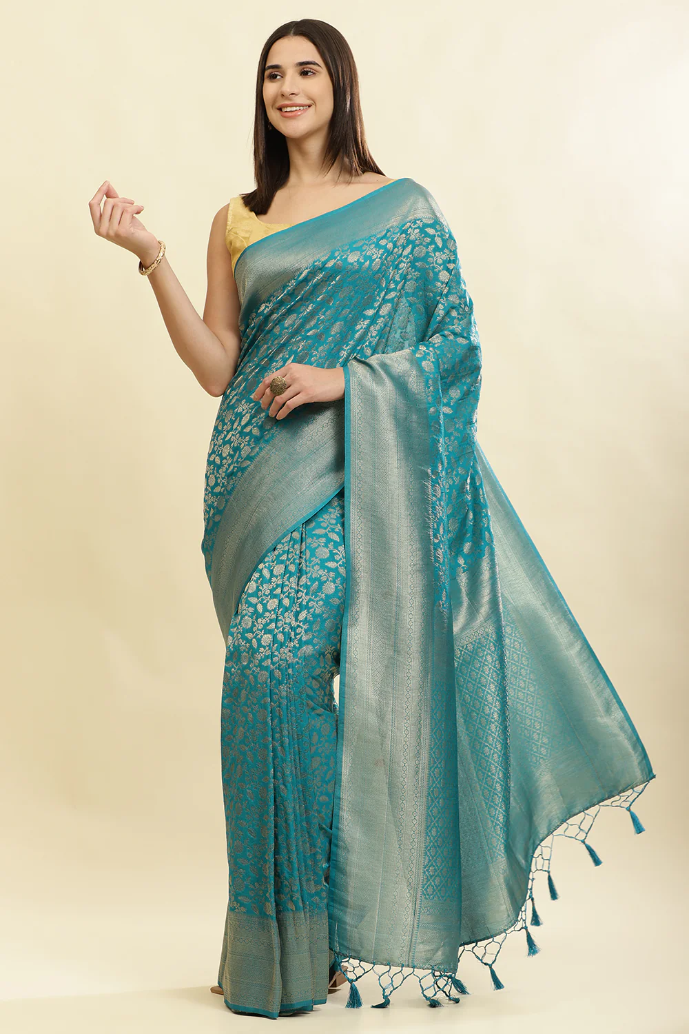 Eastern Blue Lightweight Banarasi Silk Weaving Saree - Image 5