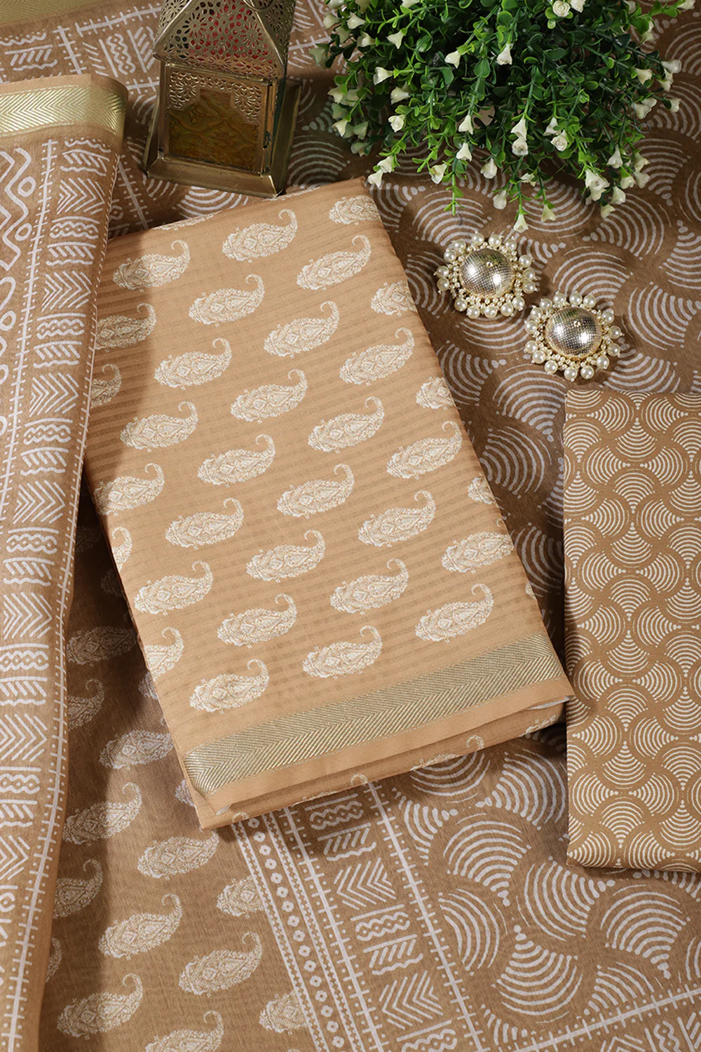 Fawn Cotton Boota Block Print Unstitched Suit Fabric