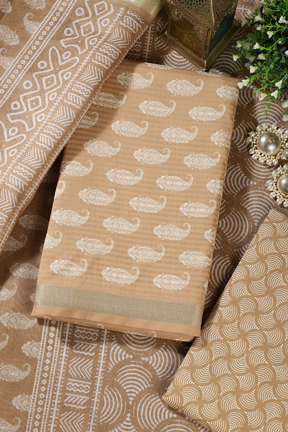 Fawn Cotton Boota Block Print Unstitched Suit Fabric - Image 3