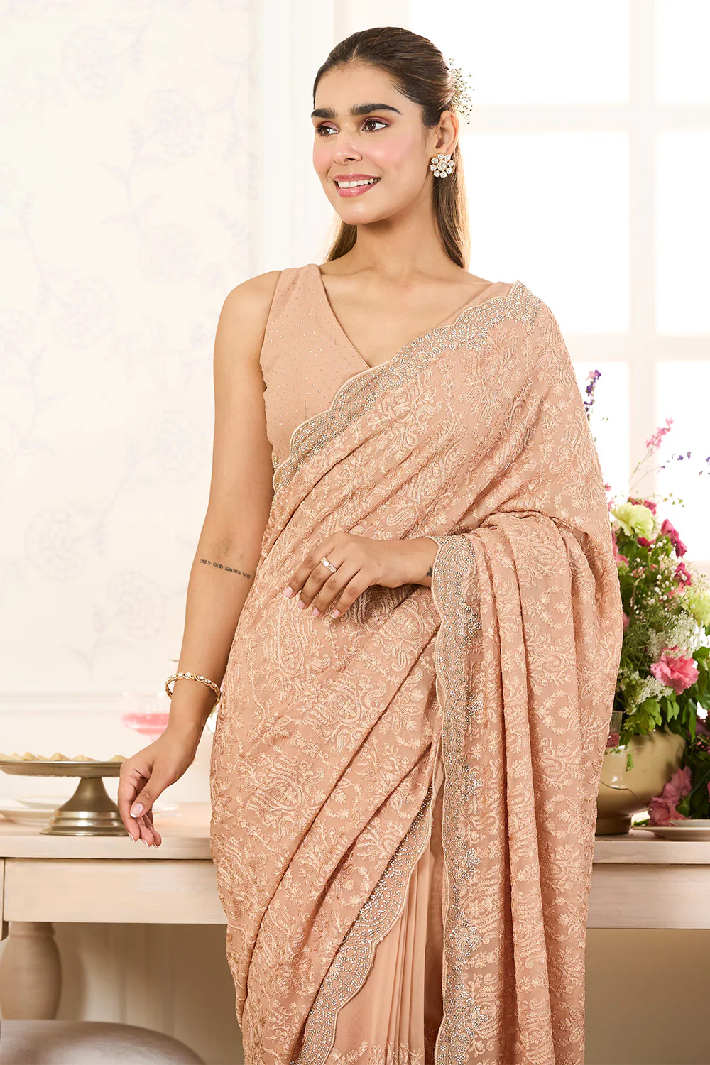Fawn Georgette Embroidered And Swaroski Work Saree - Image 4