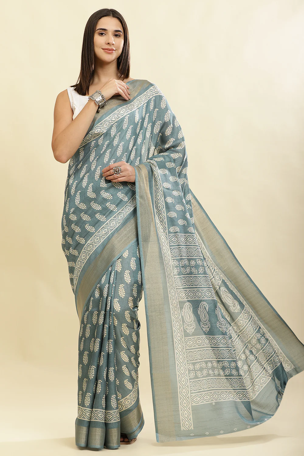 Firozi Color Cotton Silk Boota Printed And Zari Woven Saree - Image 2