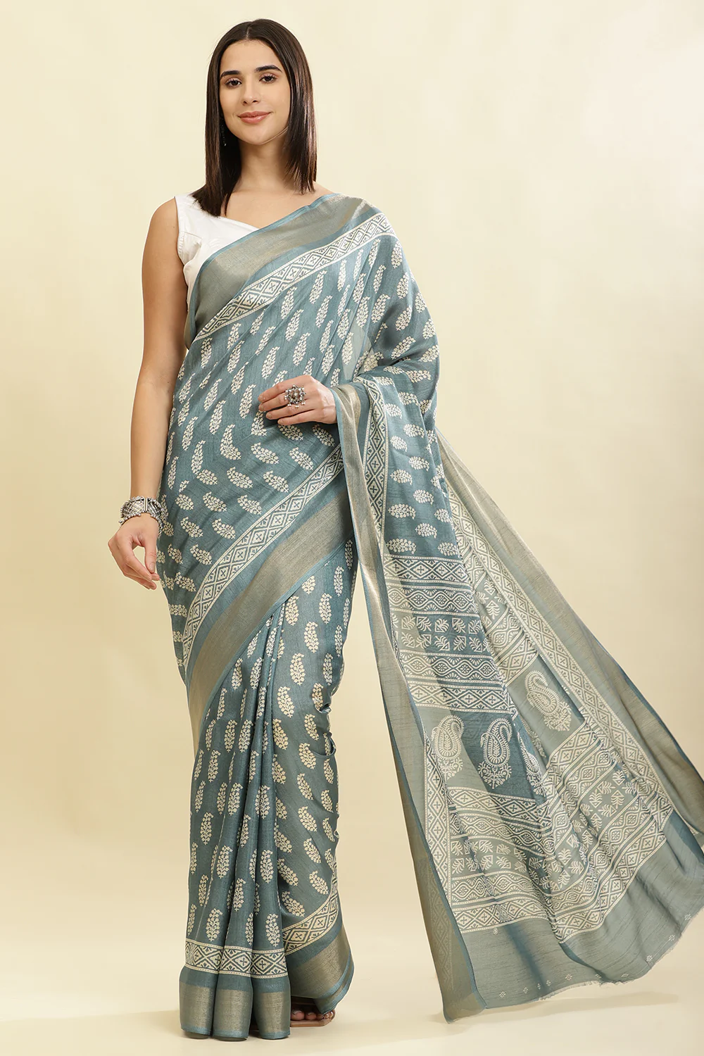 Firozi Color Cotton Silk Boota Printed And Zari Woven Saree - Image 9