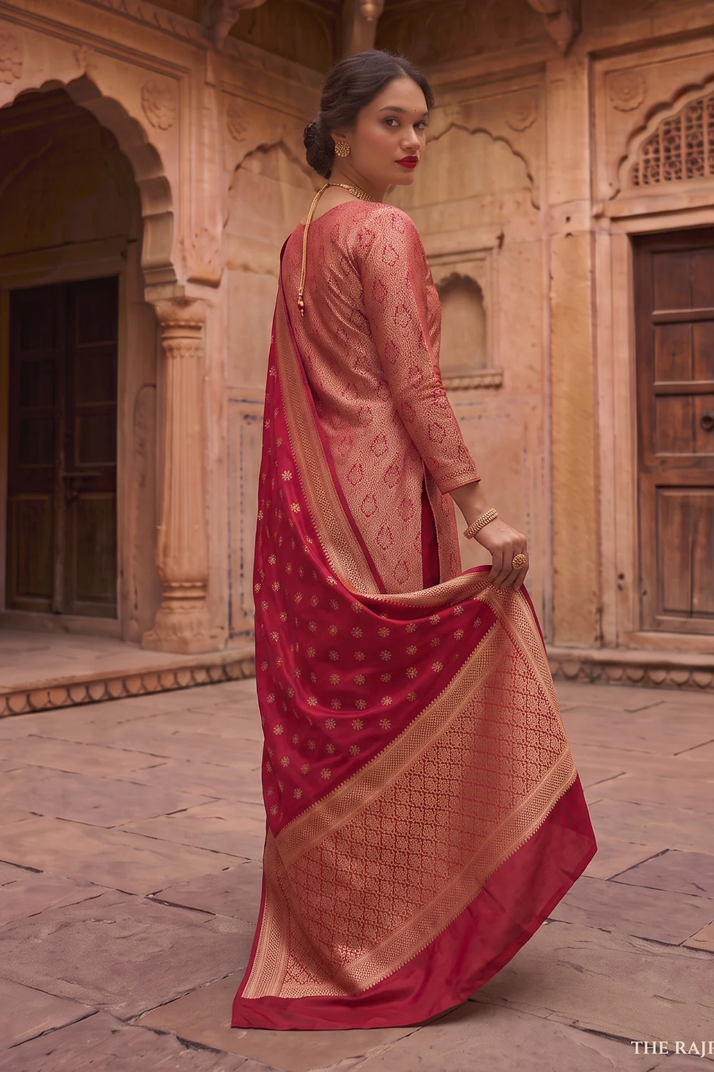Fuchsia Pink Banarsi Silk Woven Unstitched Suit Material - Image 2