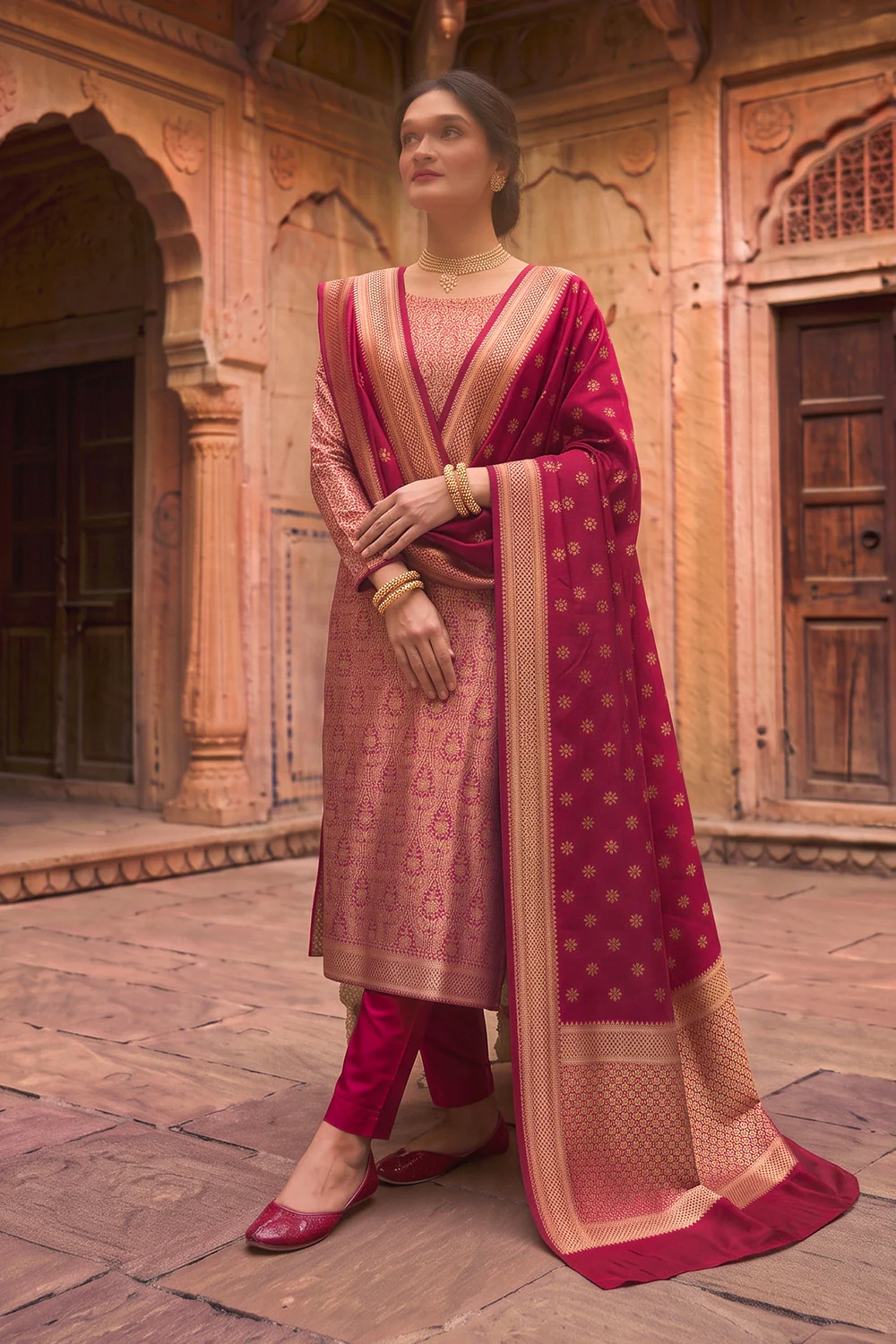 Fuchsia Pink Banarsi Silk Woven Unstitched Suit Material - Image 3