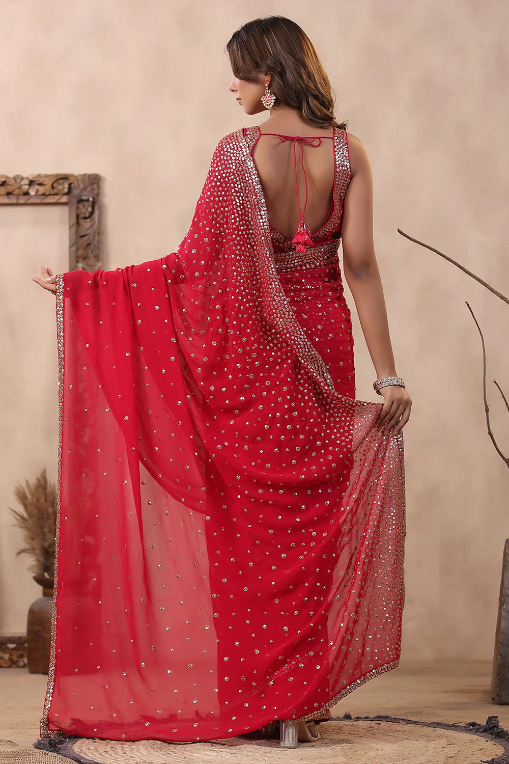 Fuchsia Pink Color Embroidered Georgette Saree With Readymade Blouse - Image 2