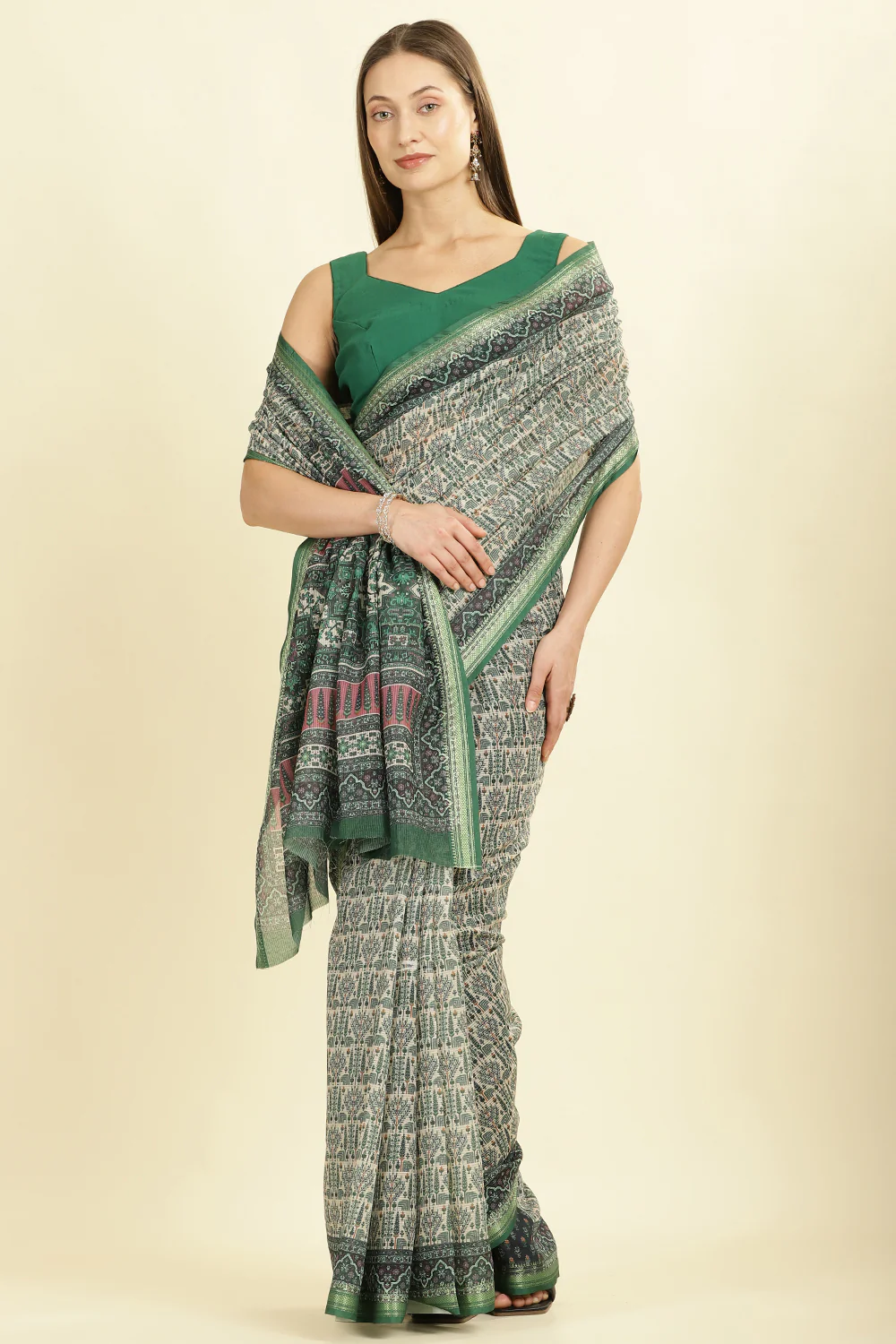 Green Ajrakh Block Printed Cotton Saree - Image 2