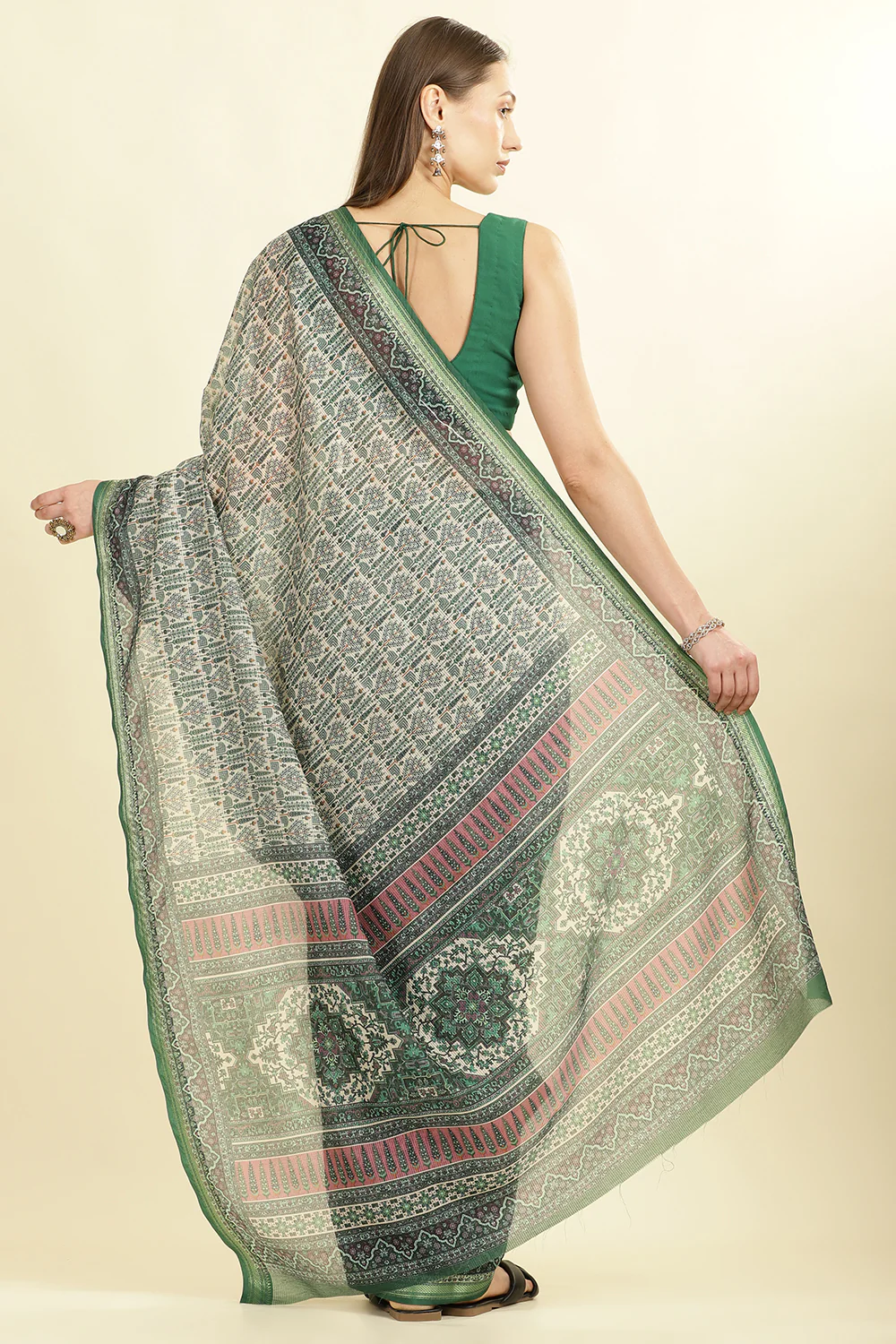 Green Ajrakh Block Printed Cotton Saree - Image 3