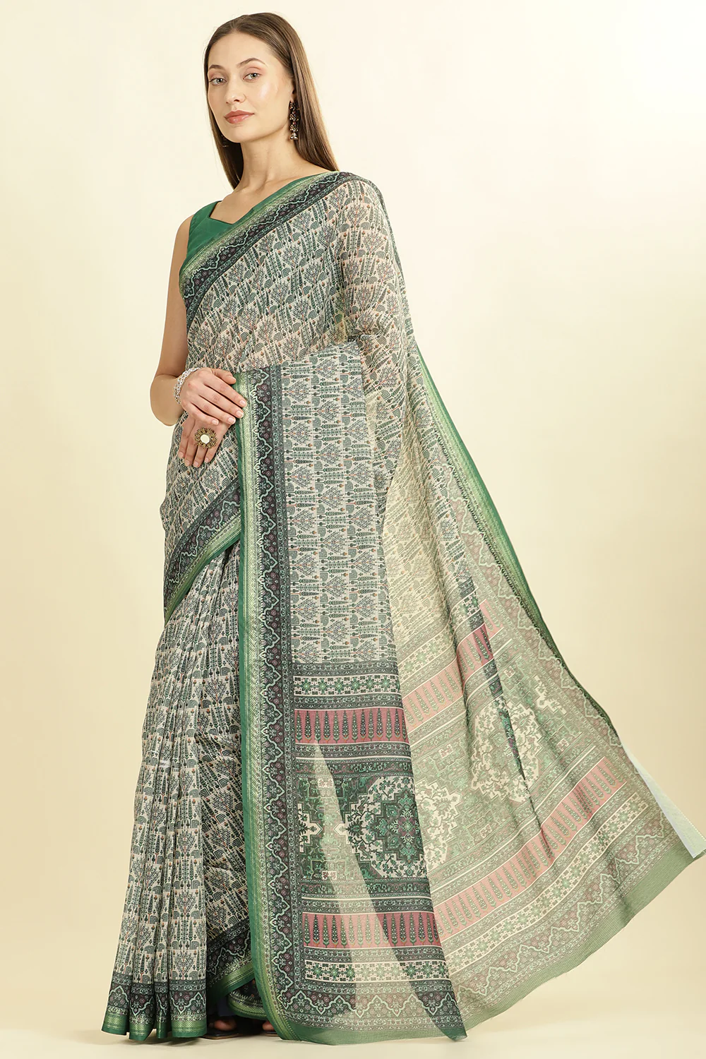 Green Ajrakh Block Printed Cotton Saree - Image 4
