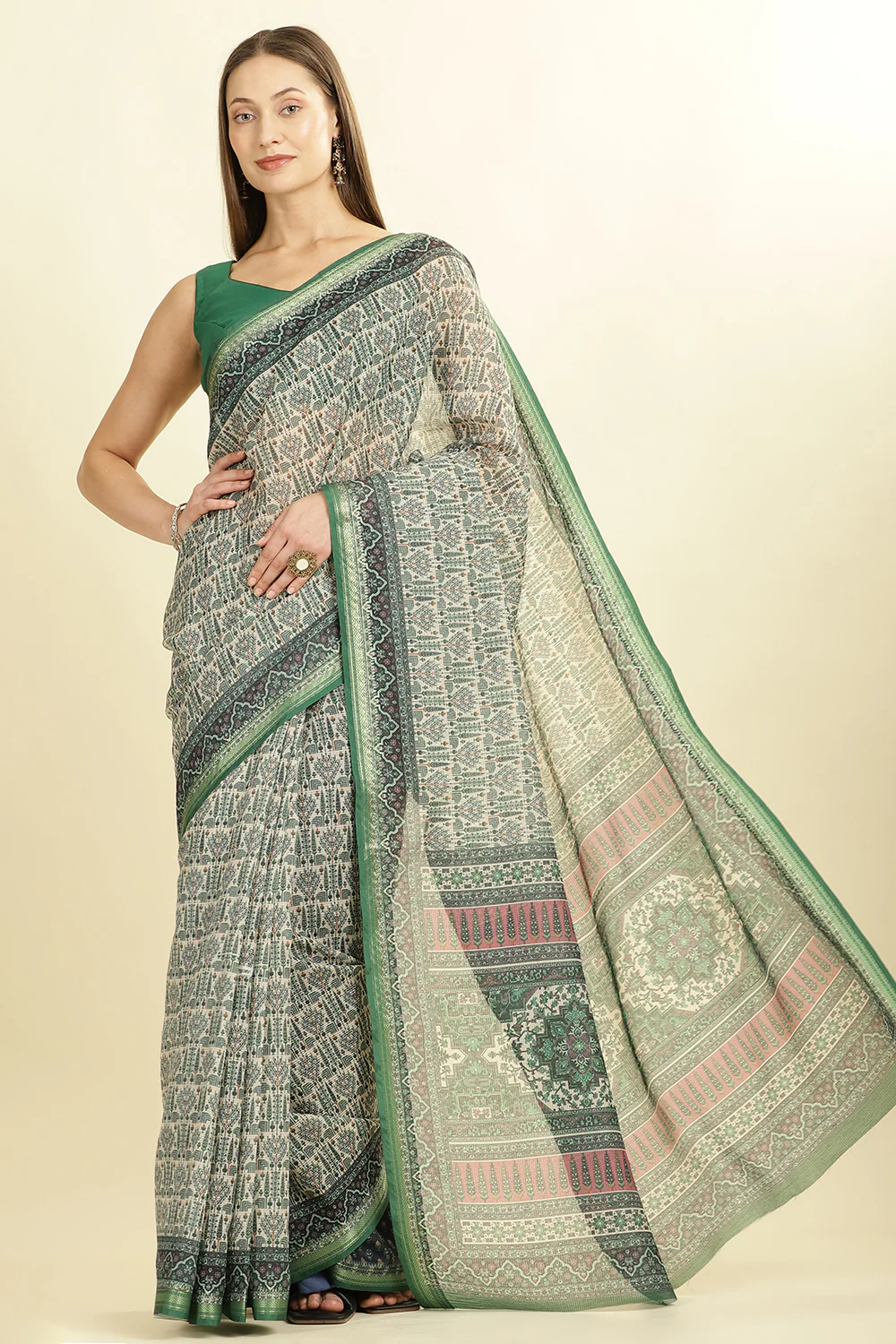 Green Ajrakh Block Printed Cotton Saree - Image 5
