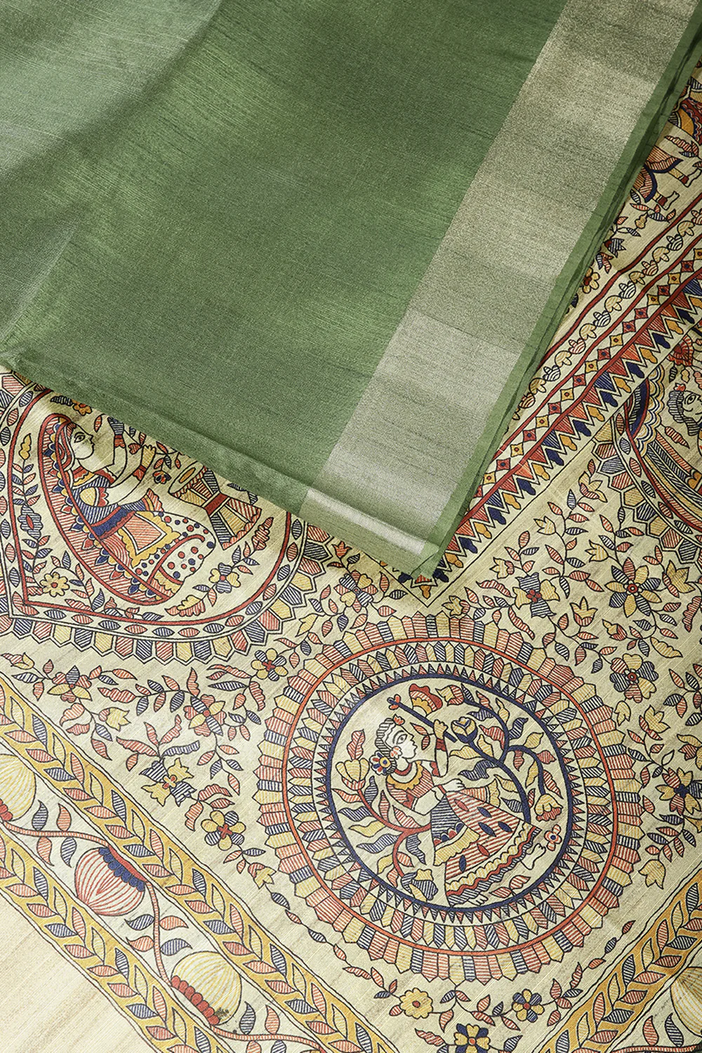 Green Color Cotton Silk Madhubani Print Saree - Image 11