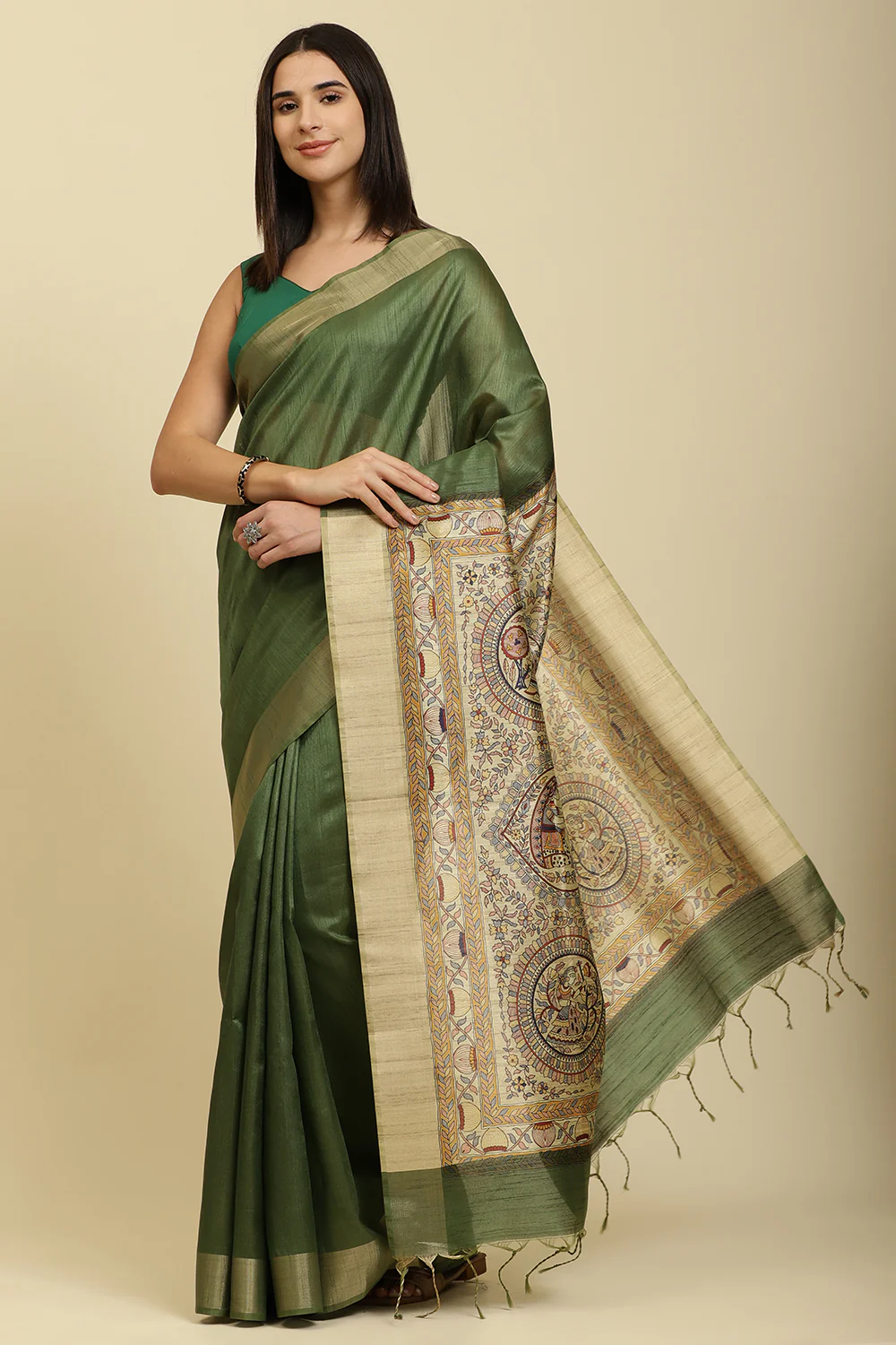 Green Color Cotton Silk Madhubani Print Saree - Image 2
