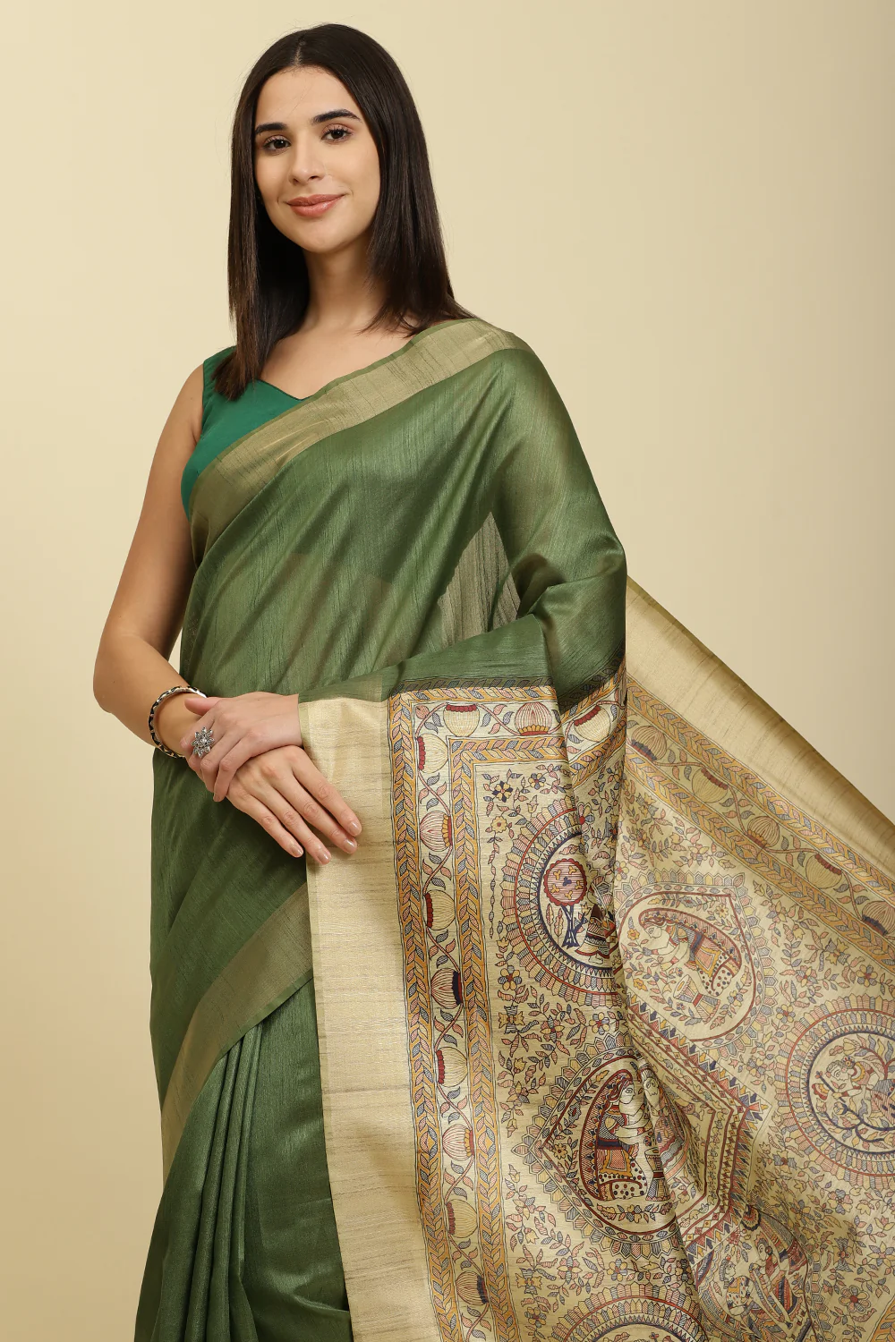 Green Color Cotton Silk Madhubani Print Saree - Image 4