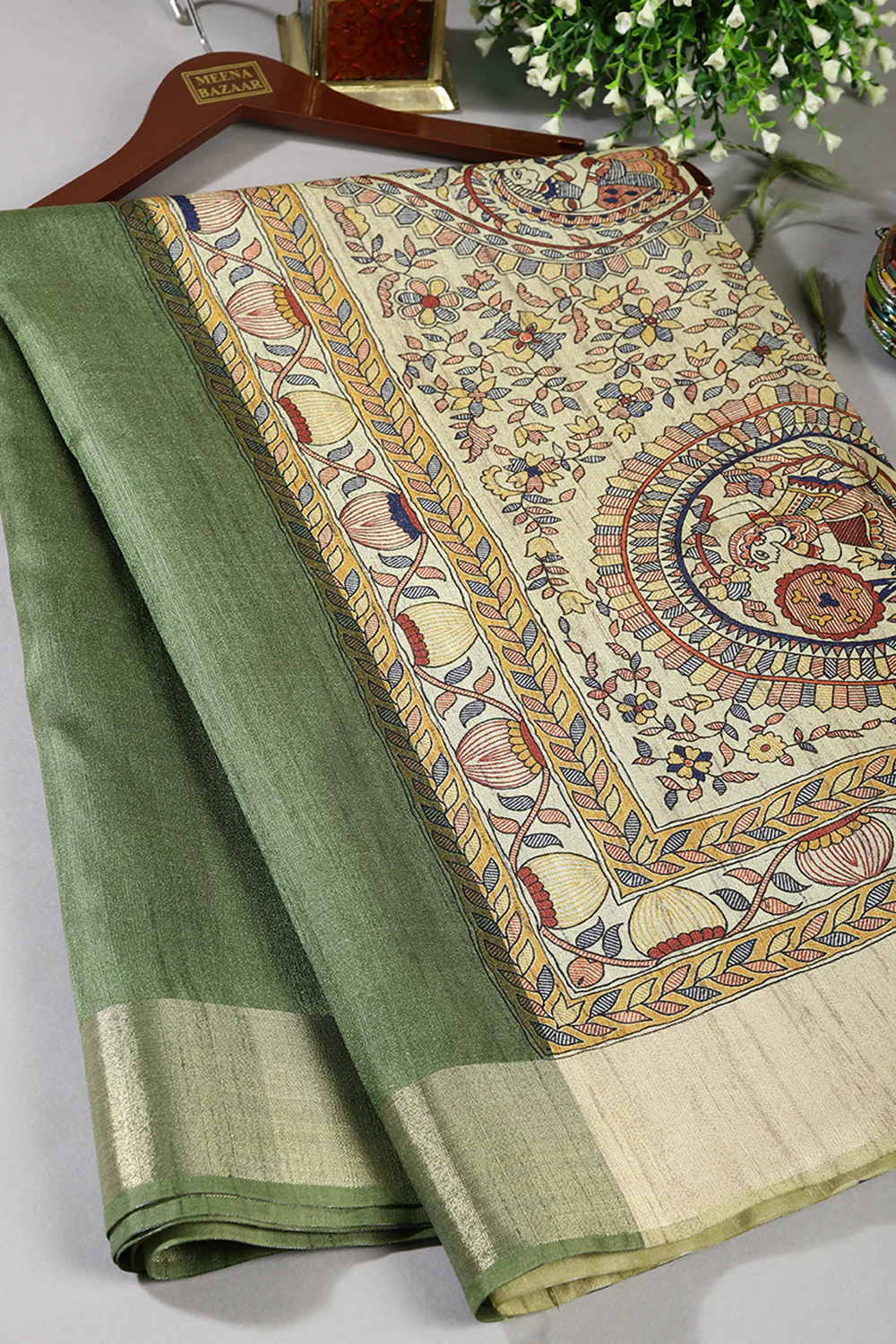 Green Color Cotton Silk Madhubani Print Saree - Image 5