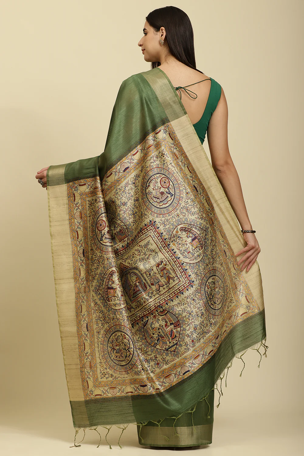 Green Color Cotton Silk Madhubani Print Saree - Image 6