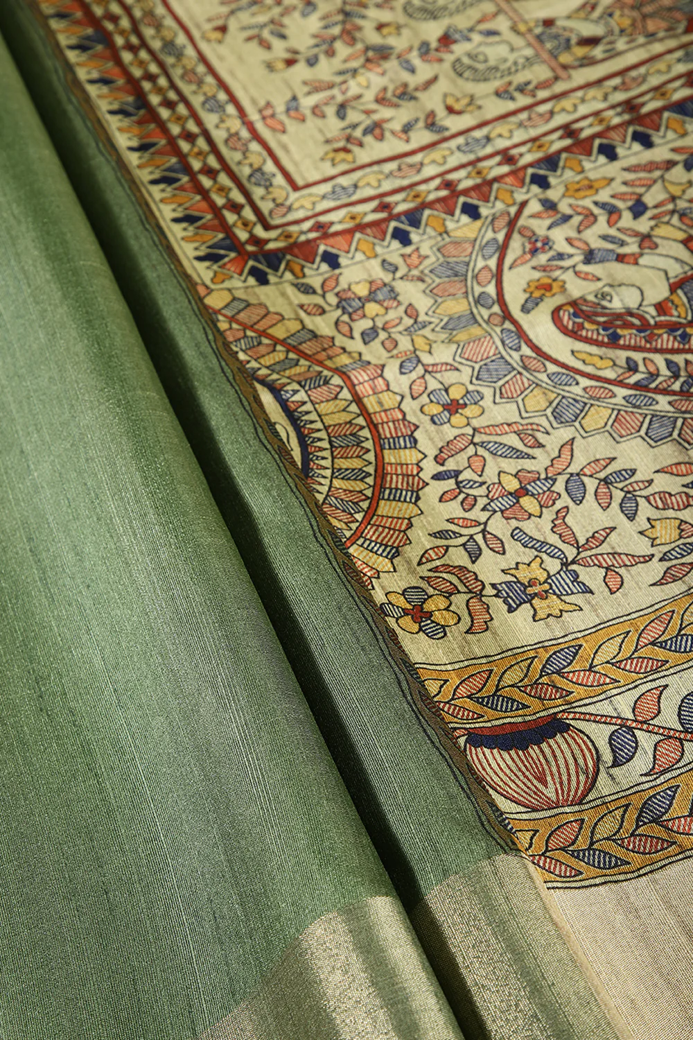 Green Color Cotton Silk Madhubani Print Saree - Image 7