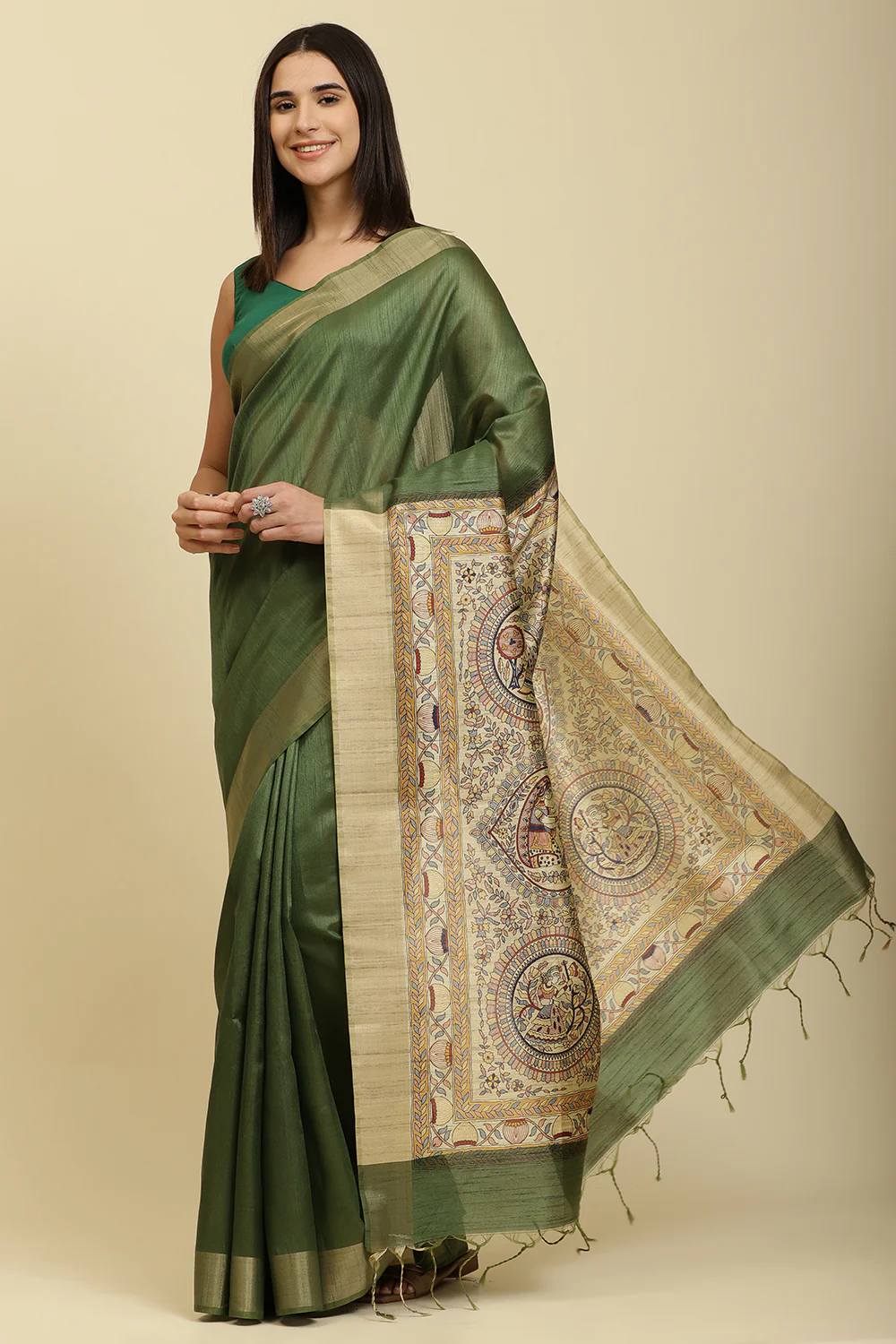 Green Color Cotton Silk Madhubani Print Saree - Image 8