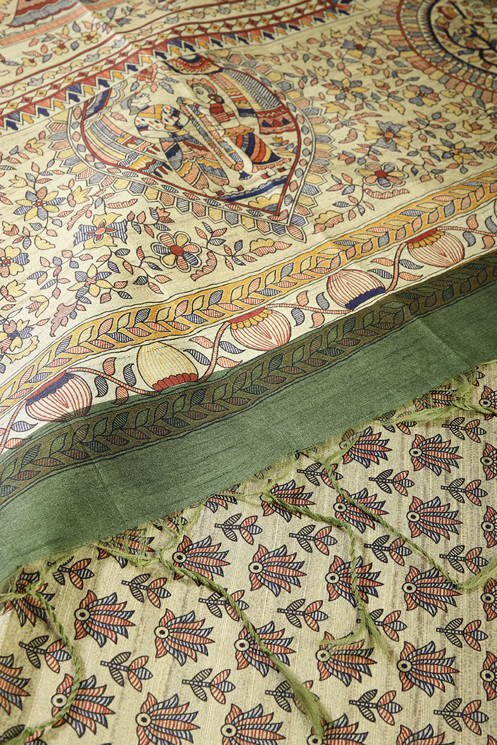 Green Color Cotton Silk Madhubani Print Saree - Image 9