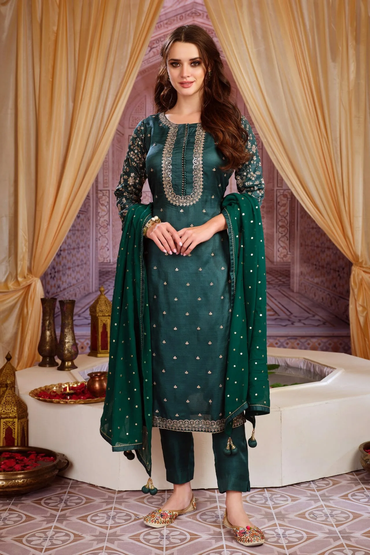 Green Colour Silk Unstitched Suit Material - Image 3