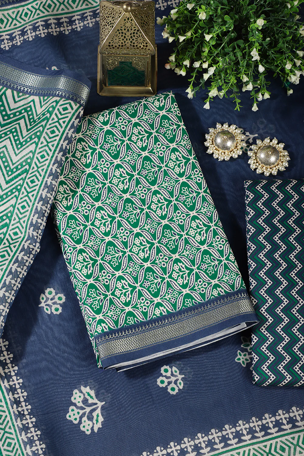 Green Cotton Ajrakh Block Print Unstitched Suit Material - Image 2