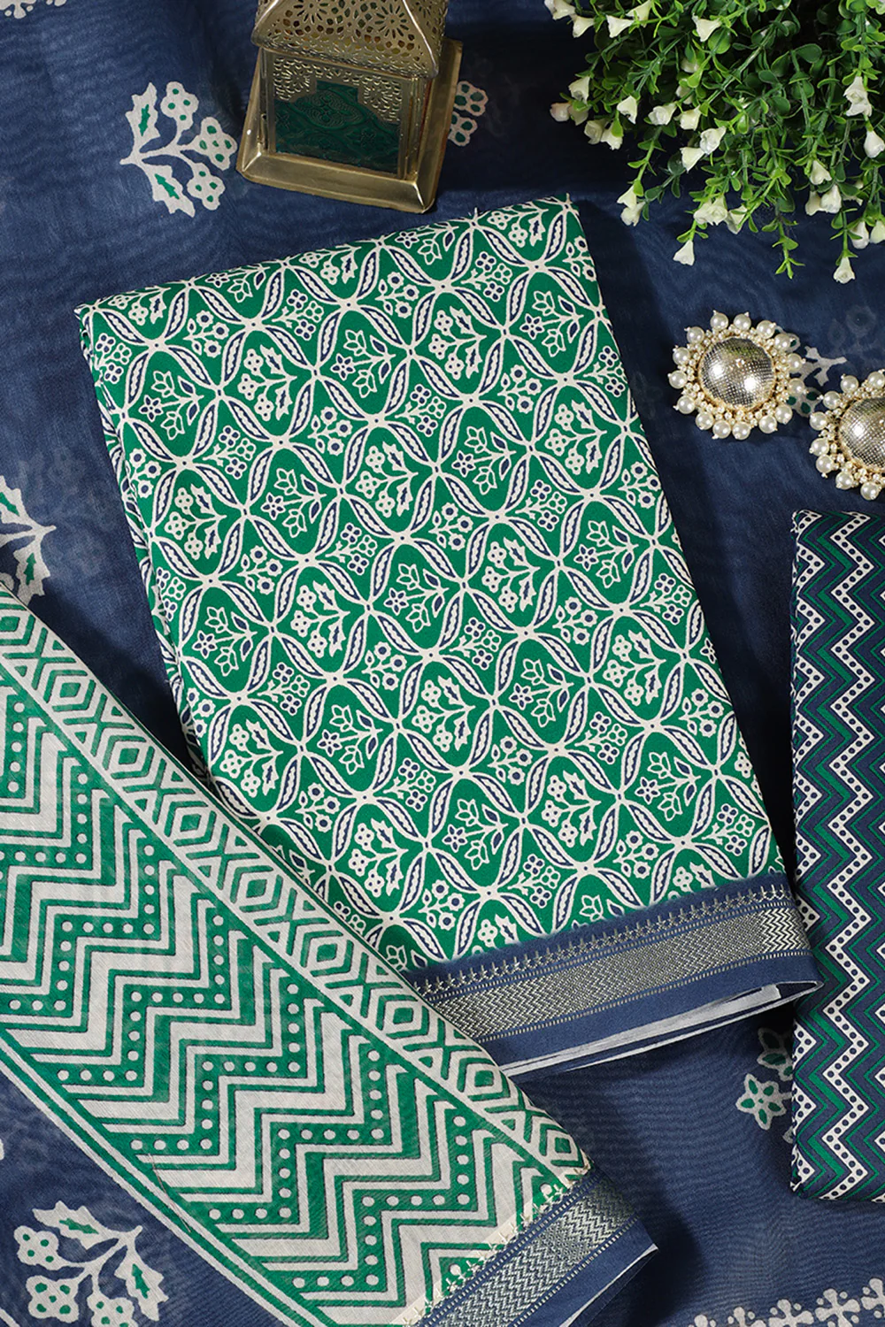 Green Cotton Ajrakh Block Print Unstitched Suit Material - Image 4