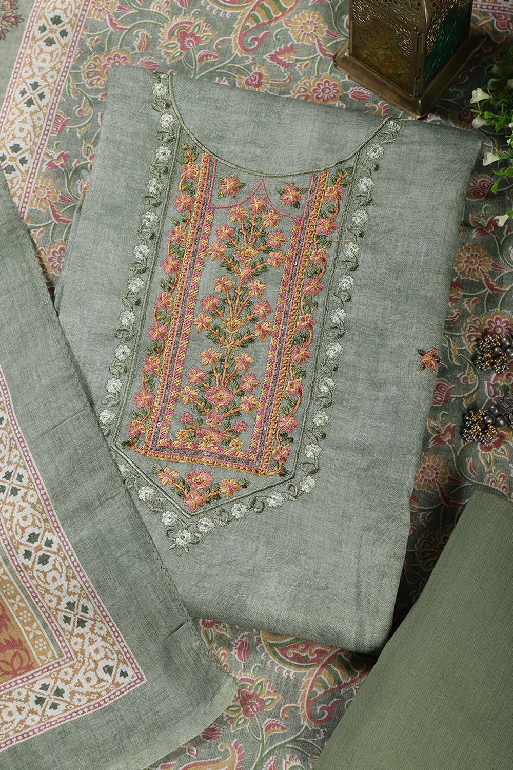 Green Cotton Resham Embroidered Unstitched Suit - Image 2